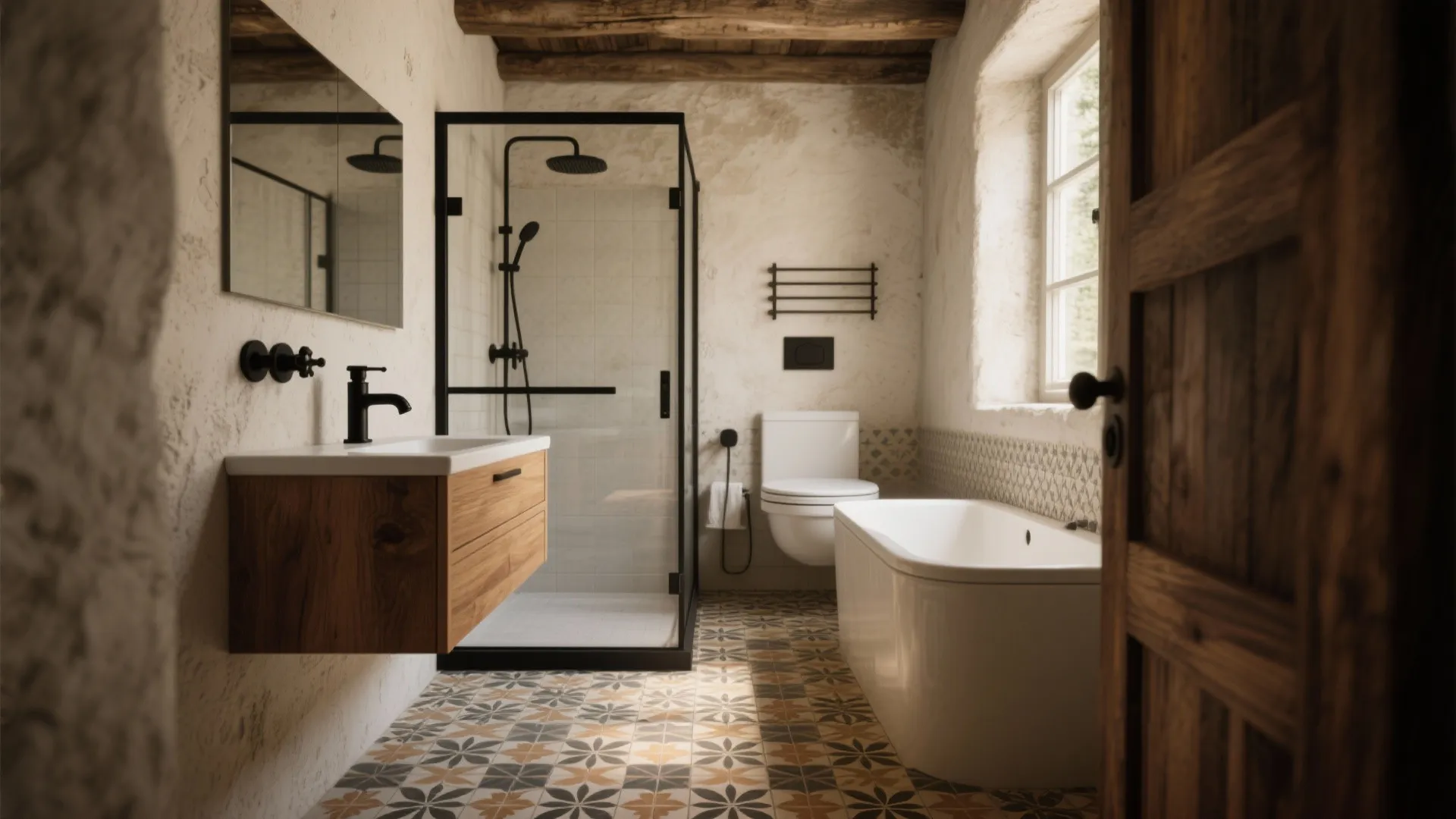 Tiny rustic bathroom with patterned floor tiles, warm wood vanity and matte black fixtures.
