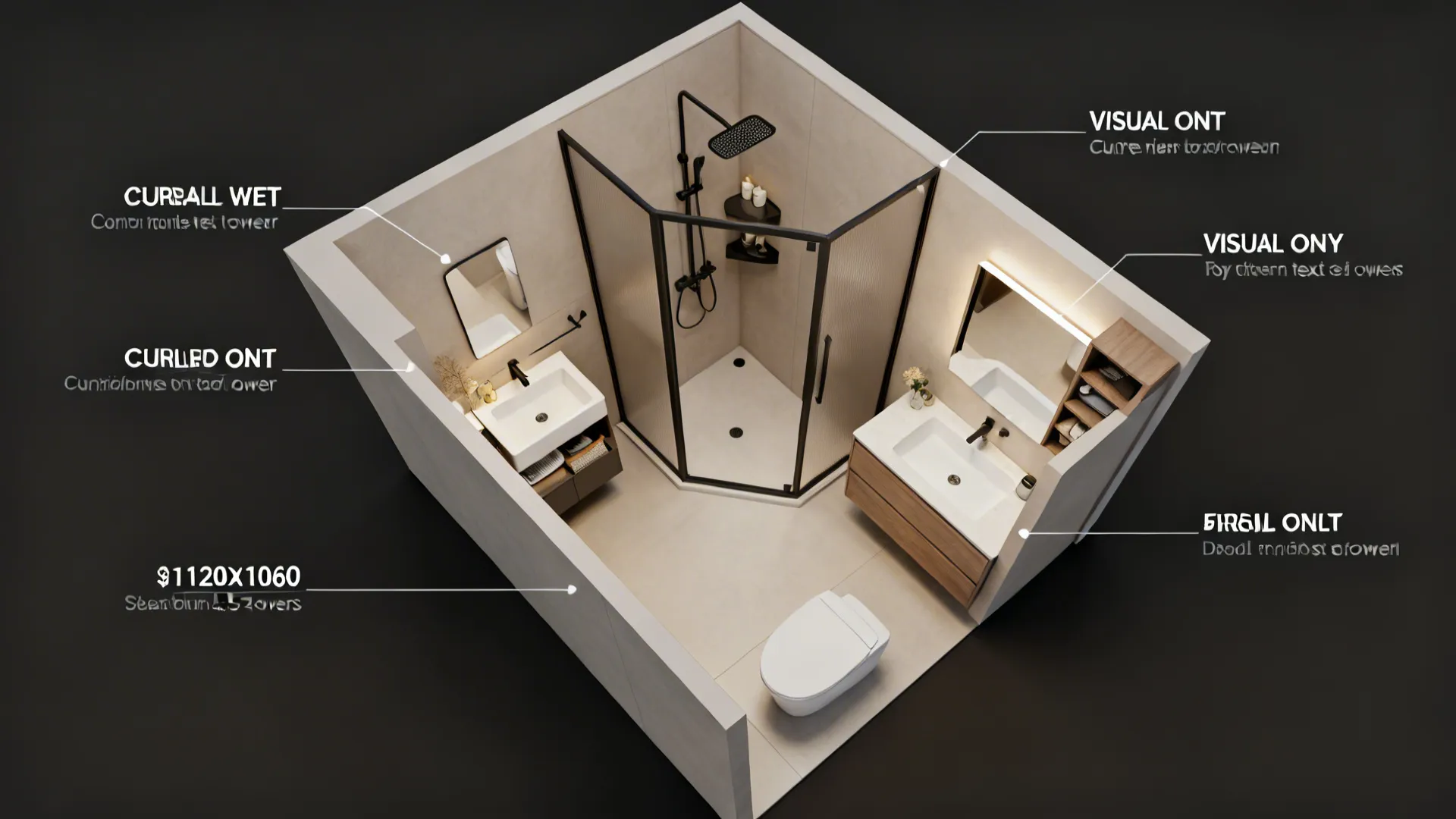 Top-down plan view of compact bathroom layout options including wet room, corner shower and sliding door vanity