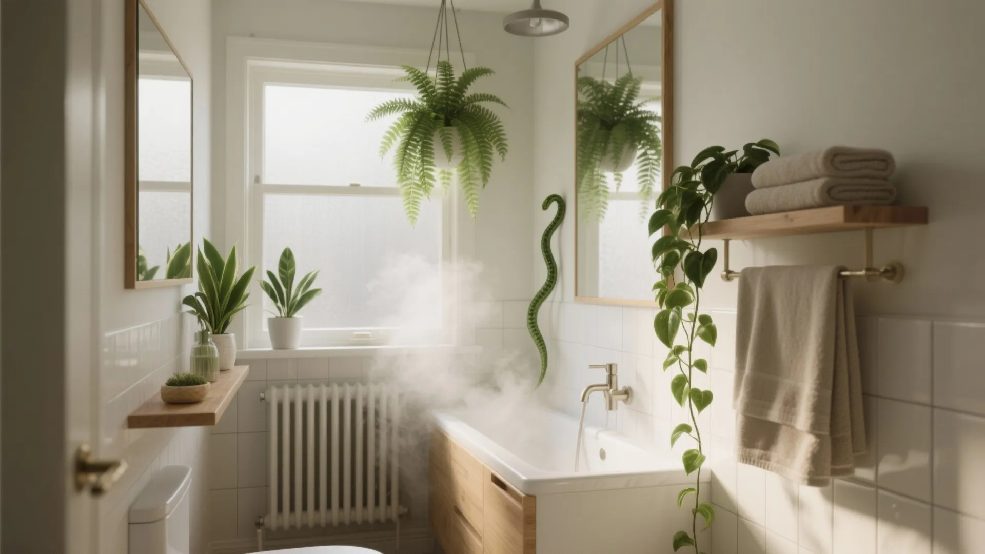 Bright white bathroom featuring green plants hanging above a bathtub with steam and wooden shelves