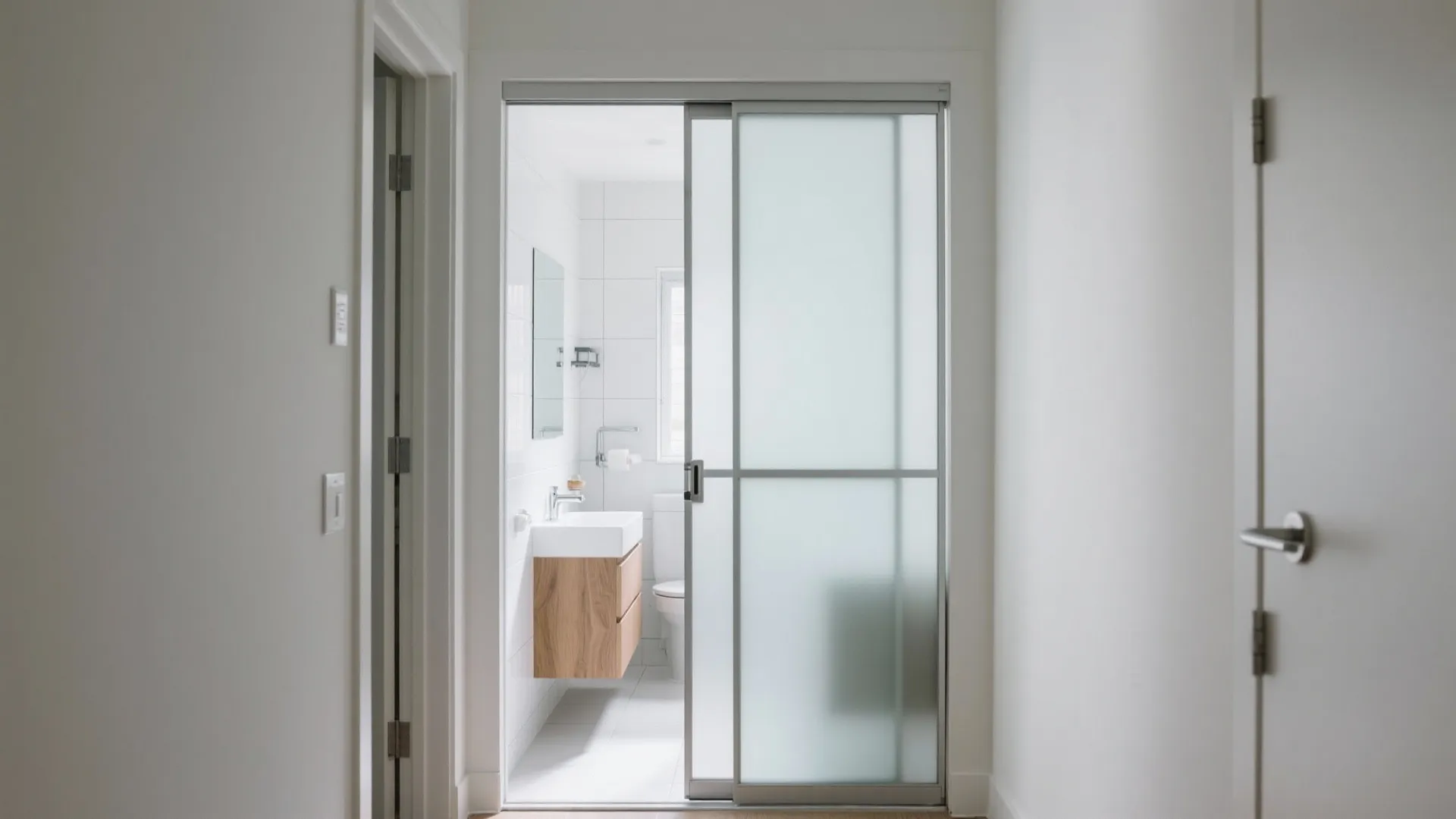 Modern bathroom with white tiles wooden cabinet and frosted glass sliding door in a narrow hallway