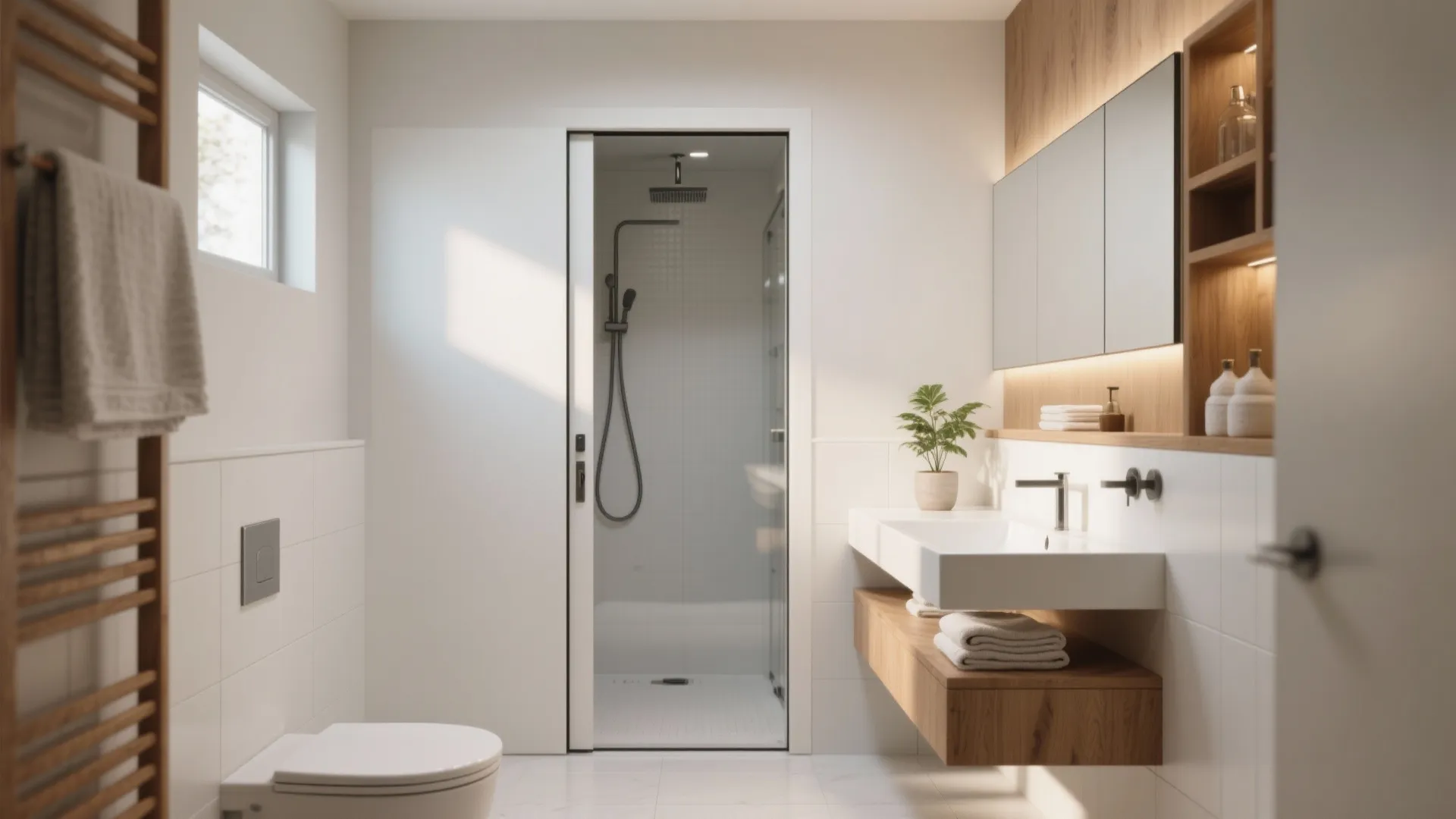 Small bathroom design featuring a white toilet wood sink cabinet and a glass shower door