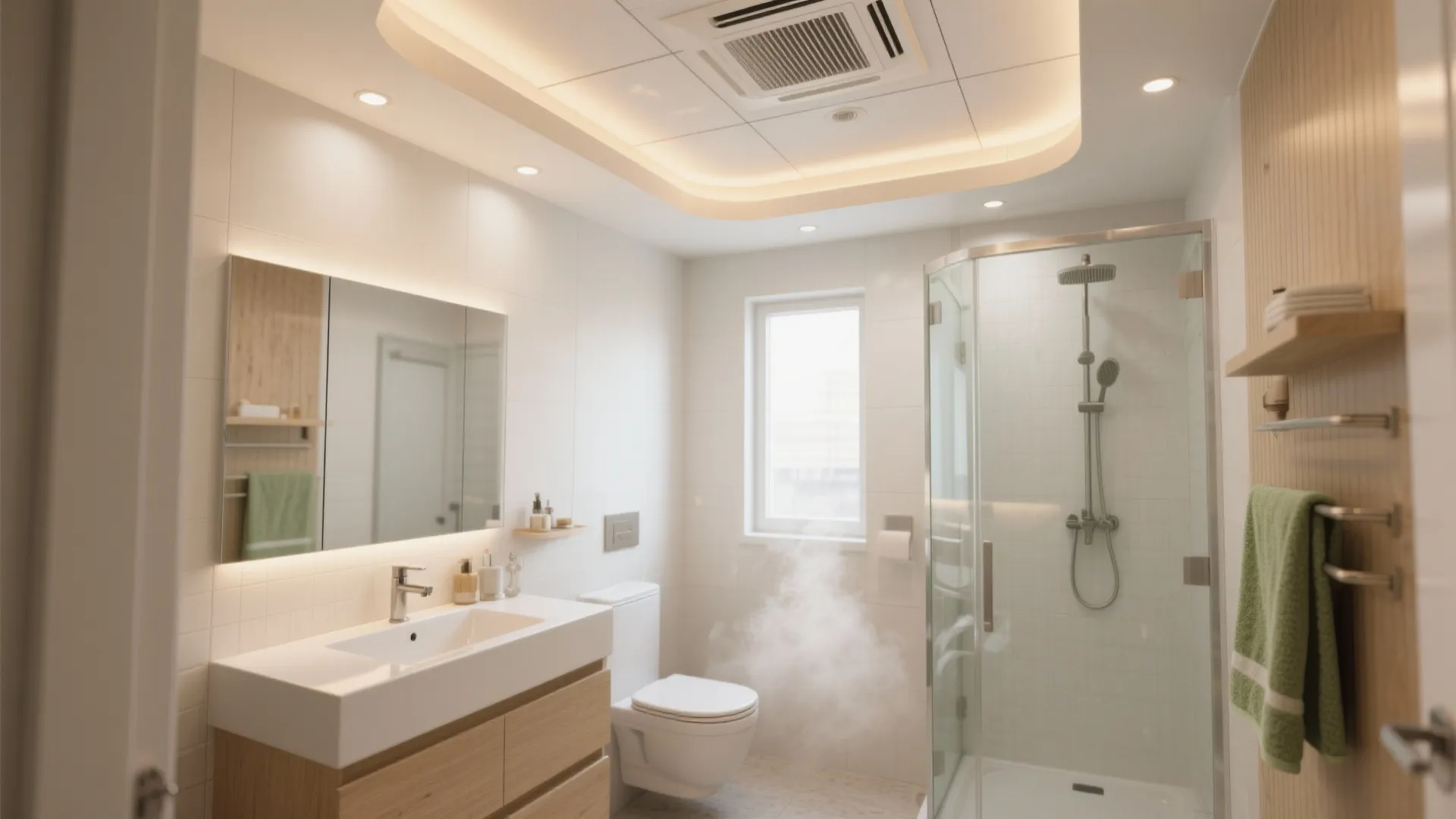 Modern white bathroom with glass shower door wooden vanity mirror and warm hidden ceiling lights