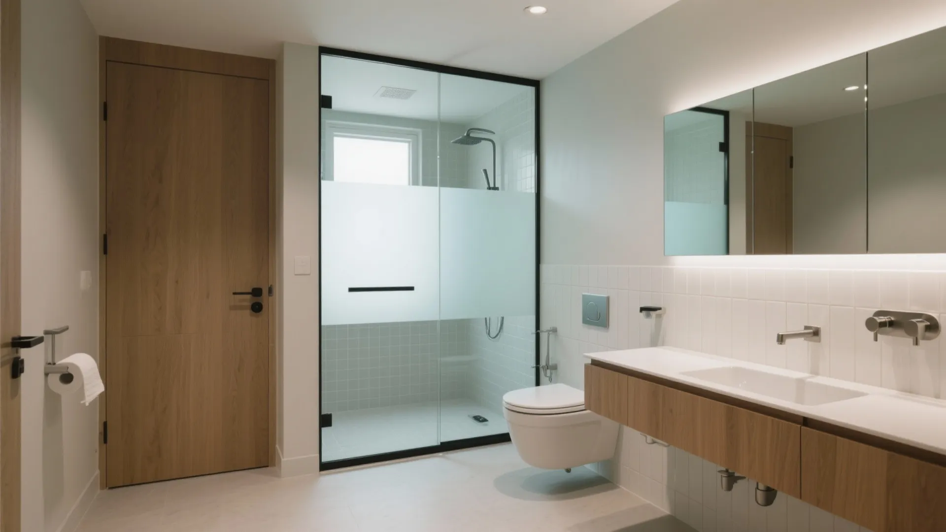 Bright bathroom with a wooden door frosted glass shower screen long wooden cabinet and toilet