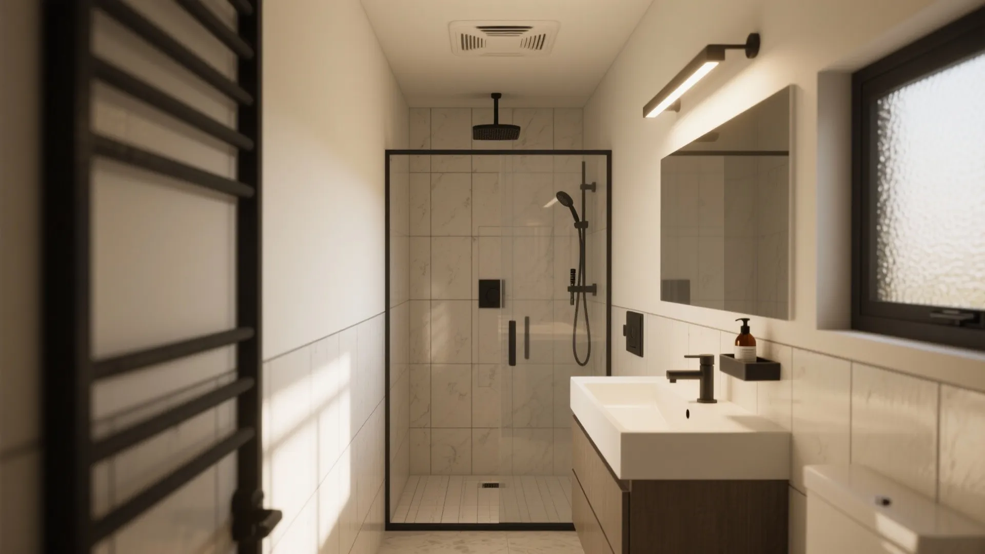 Modern bathroom with glass shower door wood cabinet white sink mirror and black wall light