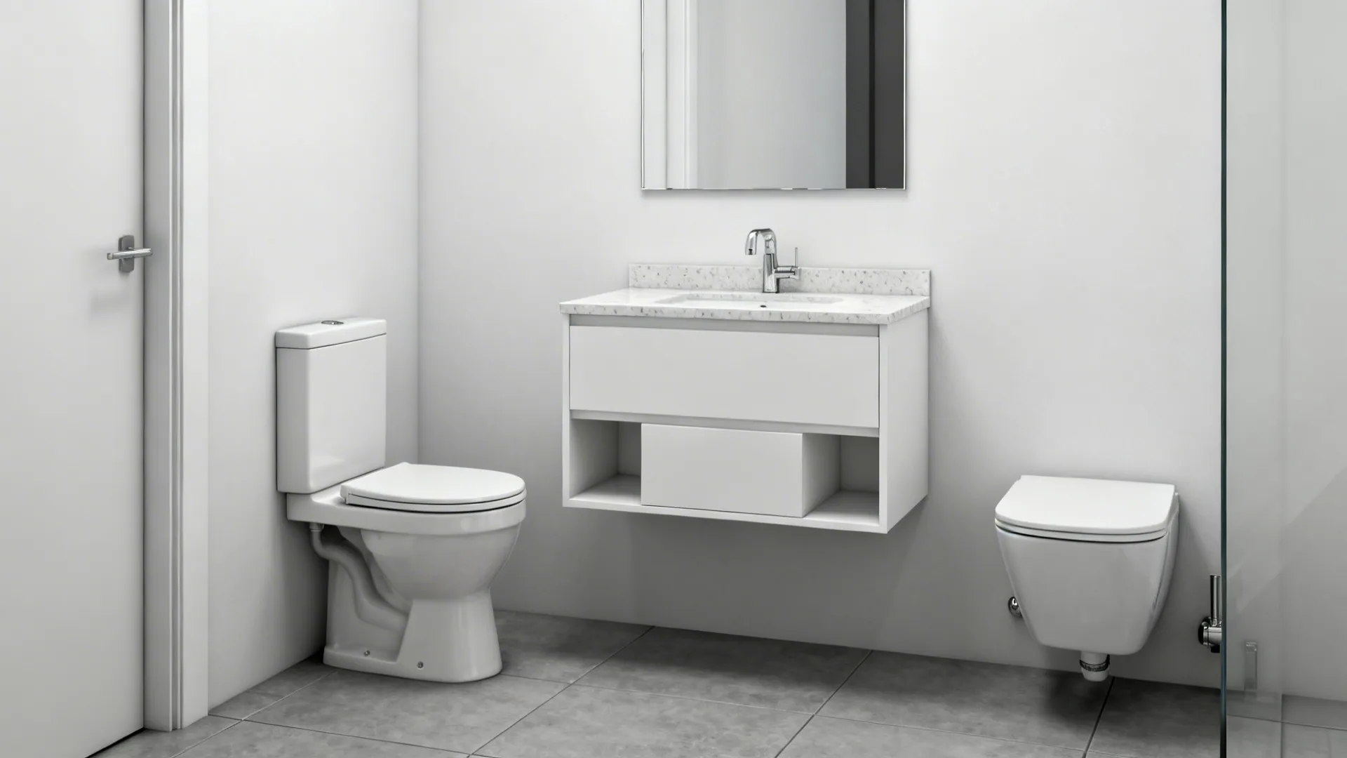 Before-and-after small bathroom showing a shallow vanity, wall-mounted faucet, and compact wall-hung toilet.
