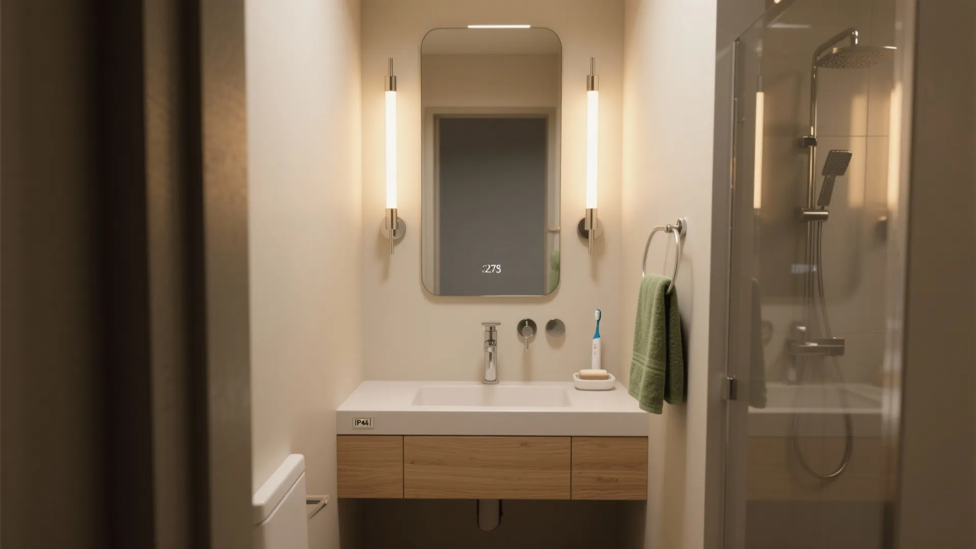 Modern bathroom with white sink wooden cabinet two vertical wall lights mirror and green towel