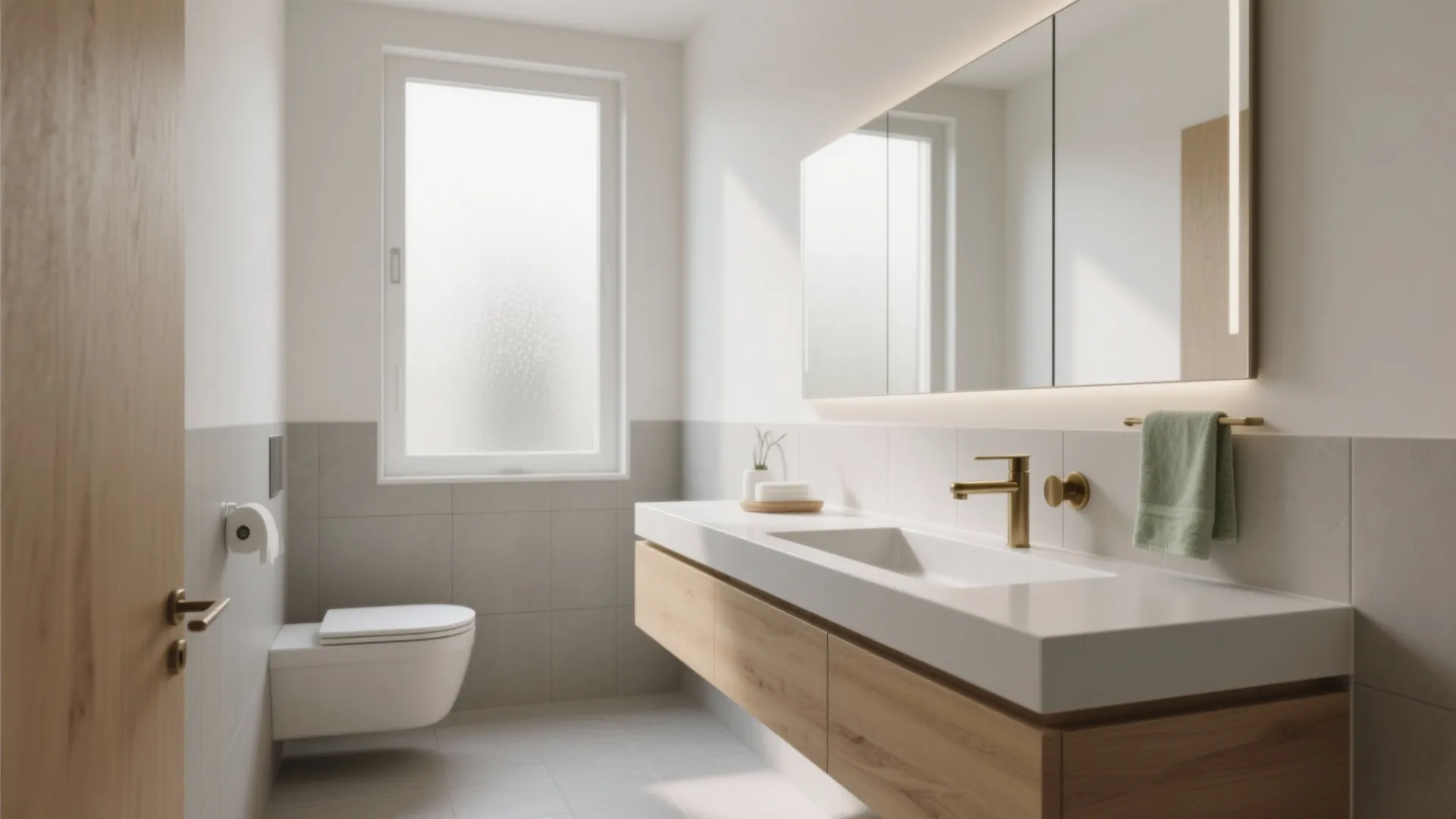 Modern bathroom with white sink gold tap wooden cabinet large mirror wall toilet and window light