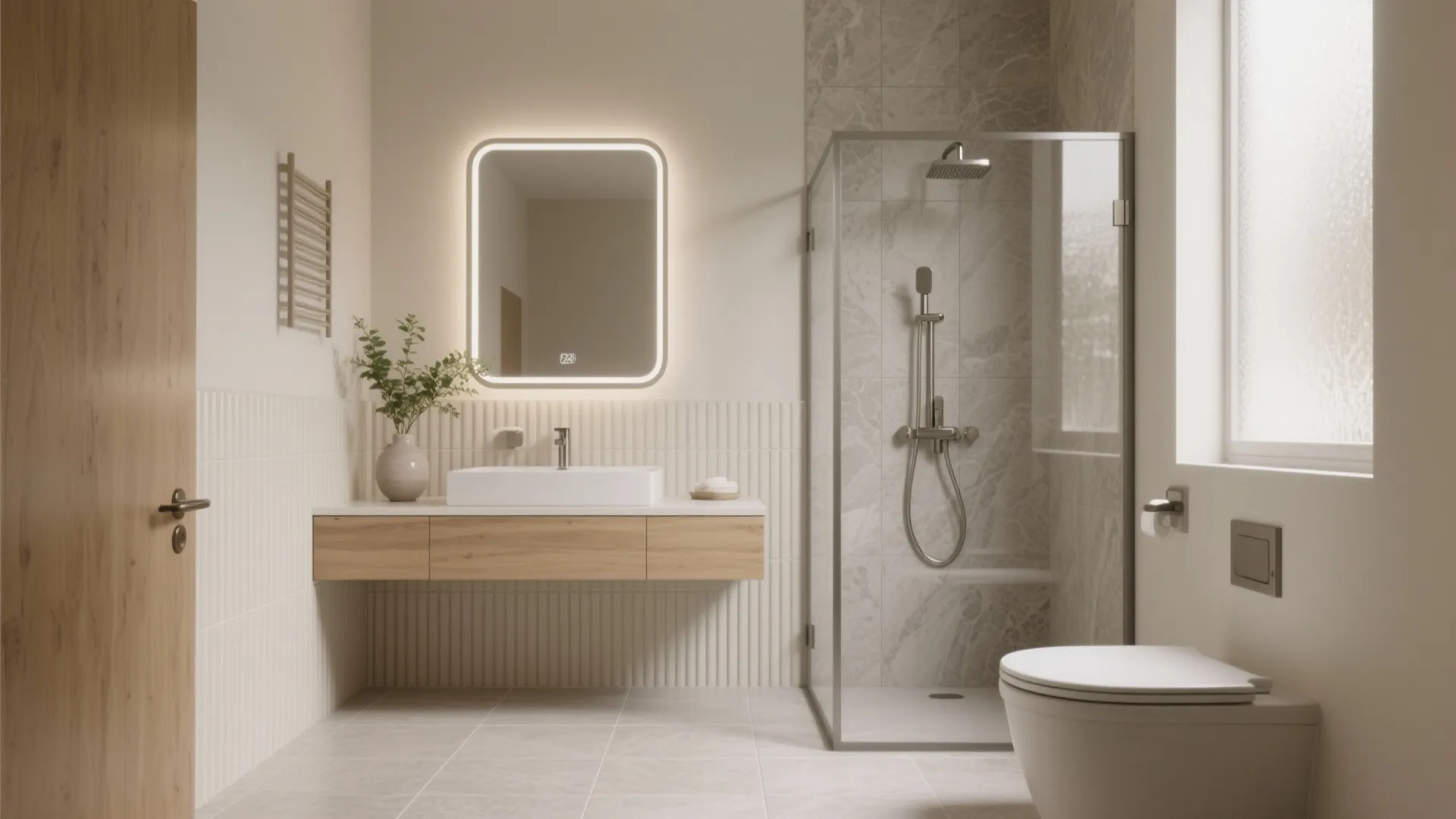 Minimalist bathroom with glowing square mirror wood floating cabinet glass shower and soft beige wall panels