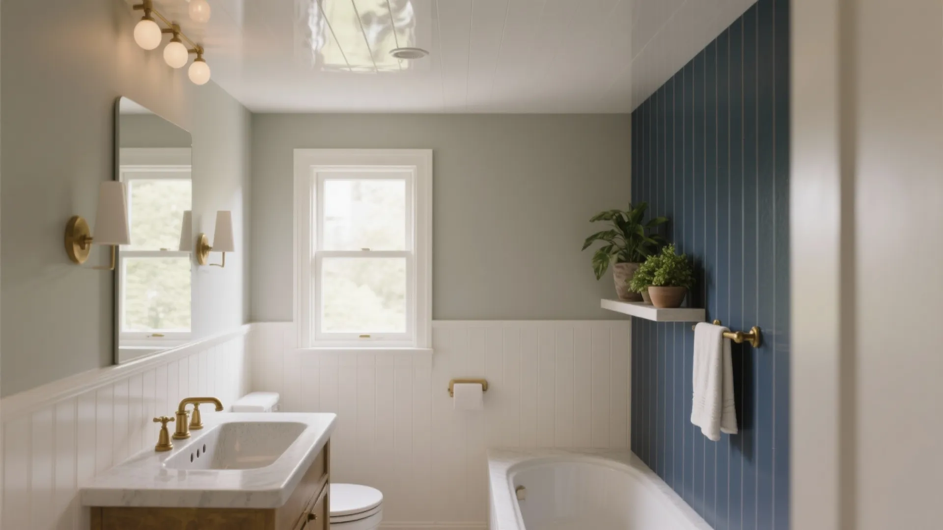 Bright bathroom with white wall panels blue striped wallpaper white bathtub and wooden sink cabinet