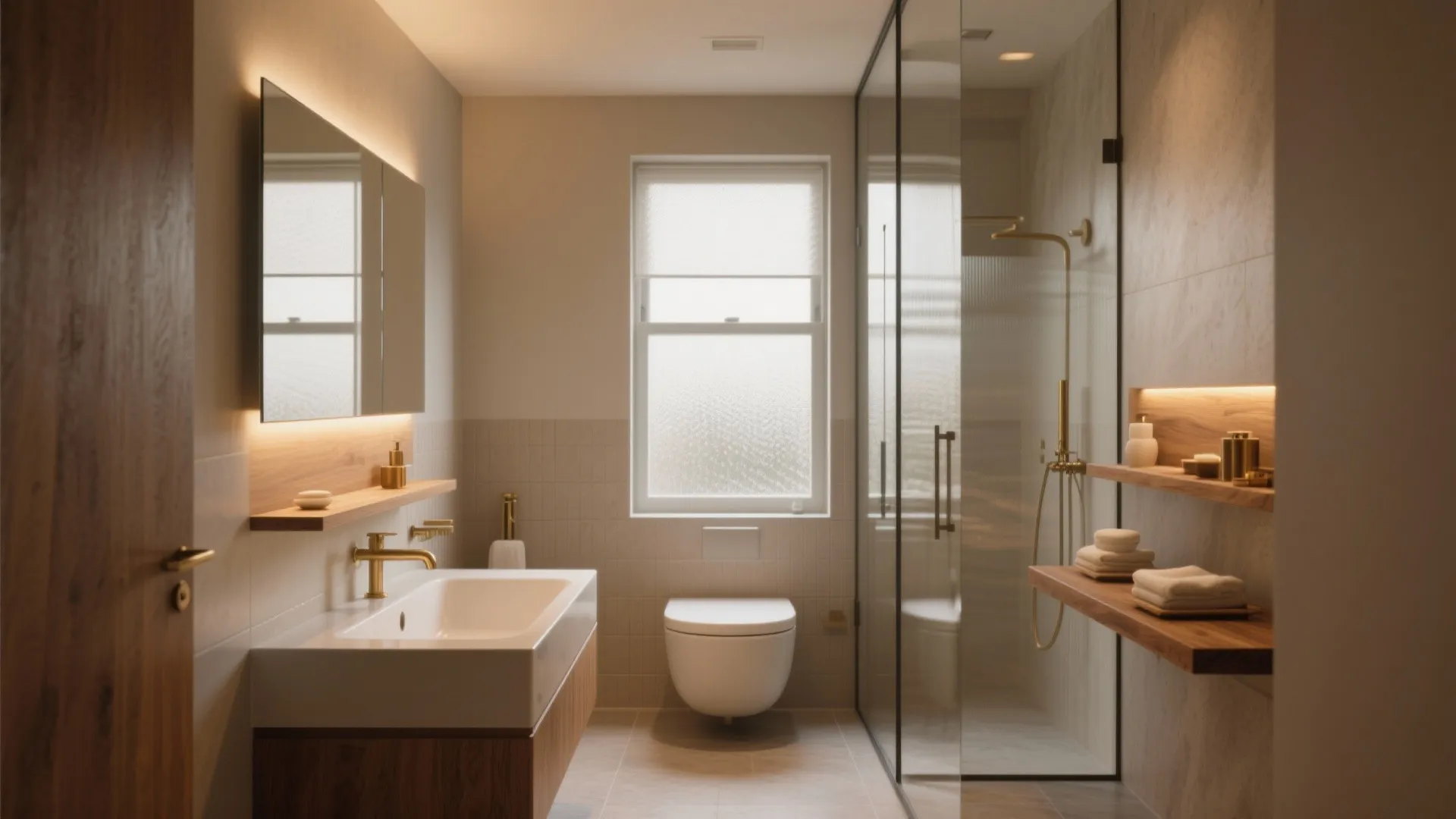 Modern bathroom with white sink gold faucet toilet glass shower door window and wooden wall shelves