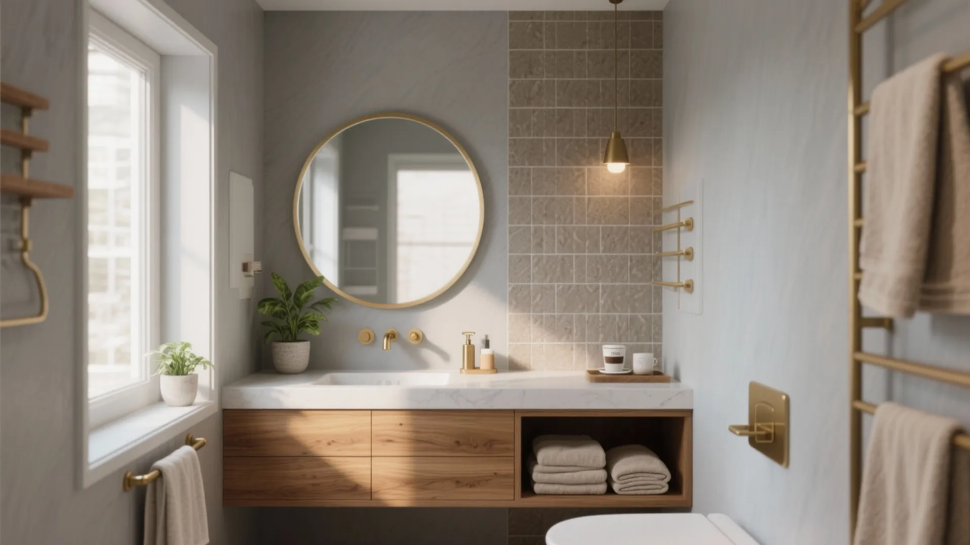 Modern bathroom with a round mirror and wooden cabinet plus gold light fixture and towels