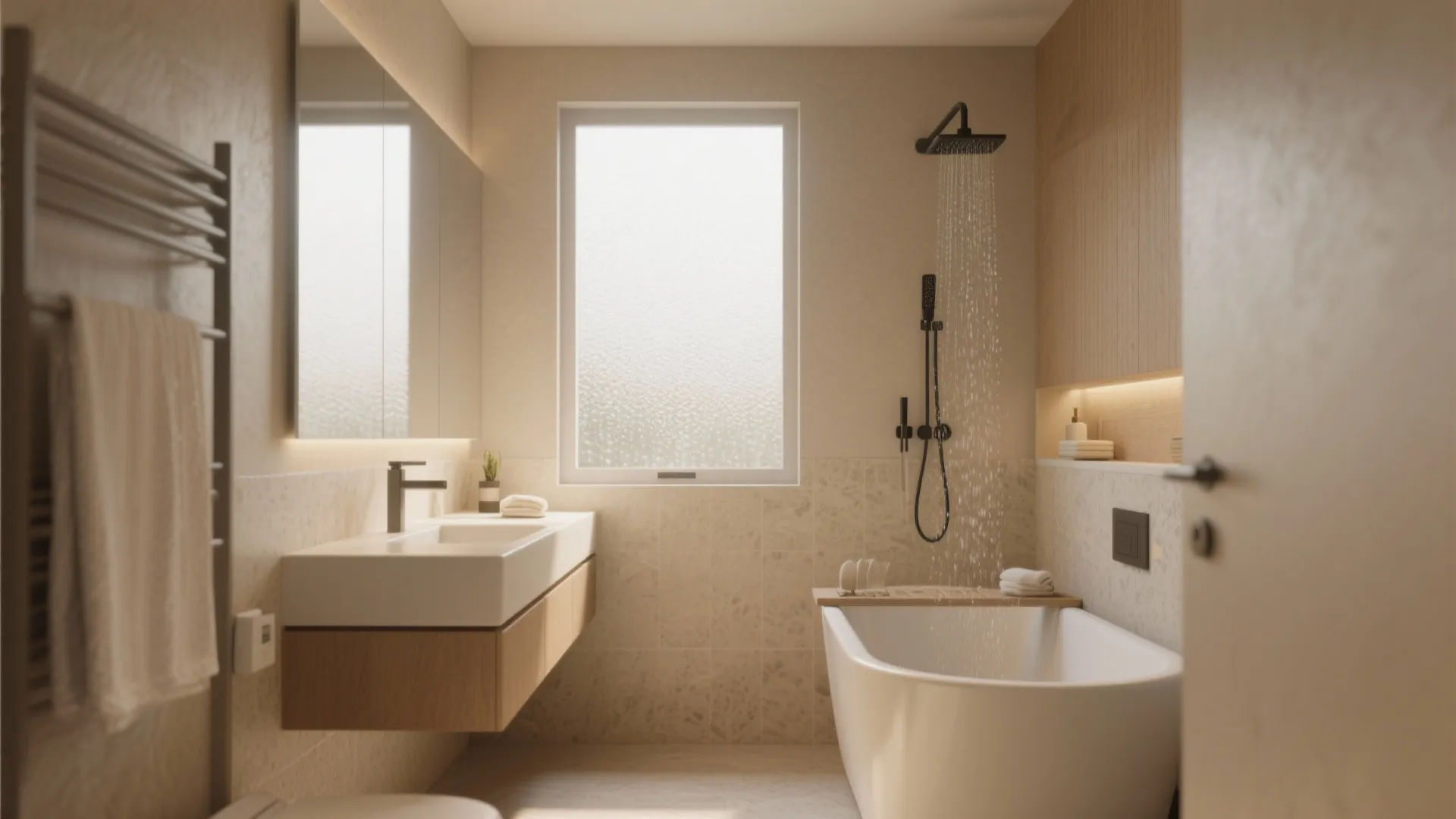 Modern bathroom with wood cabinet white sink mirror window bathtub and a black running shower
