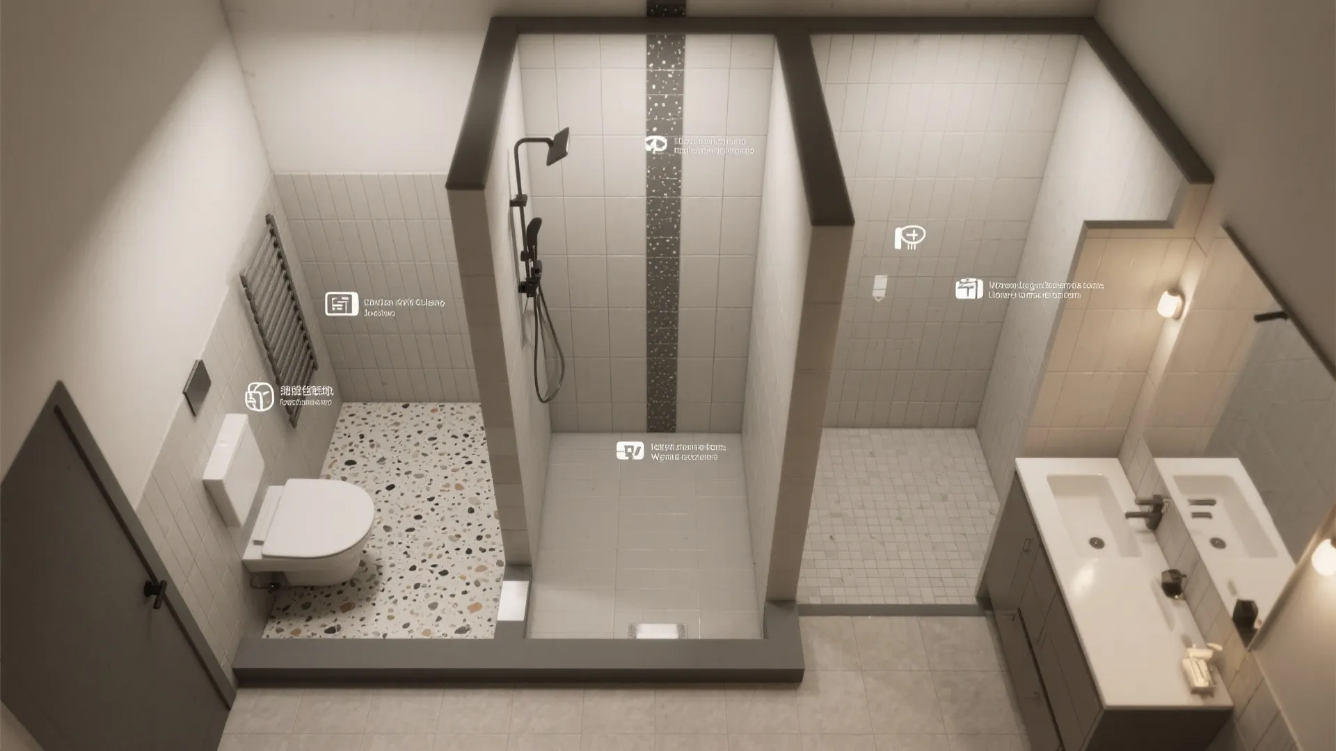 Interior design drawing of three small bathroom layouts showing shower toilet sink and floor tiles