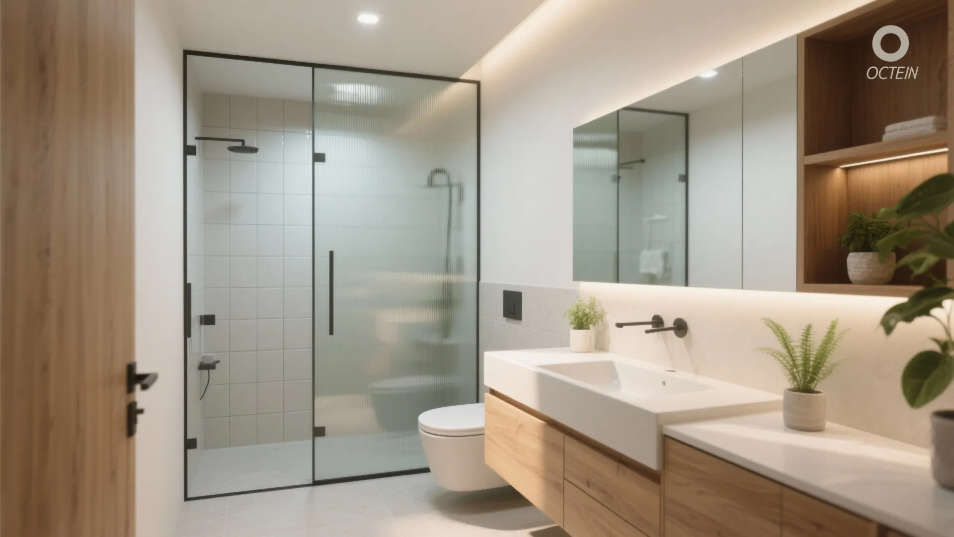 Modern bathroom with glass shower door wooden cabinet white sink large mirror and small green plants