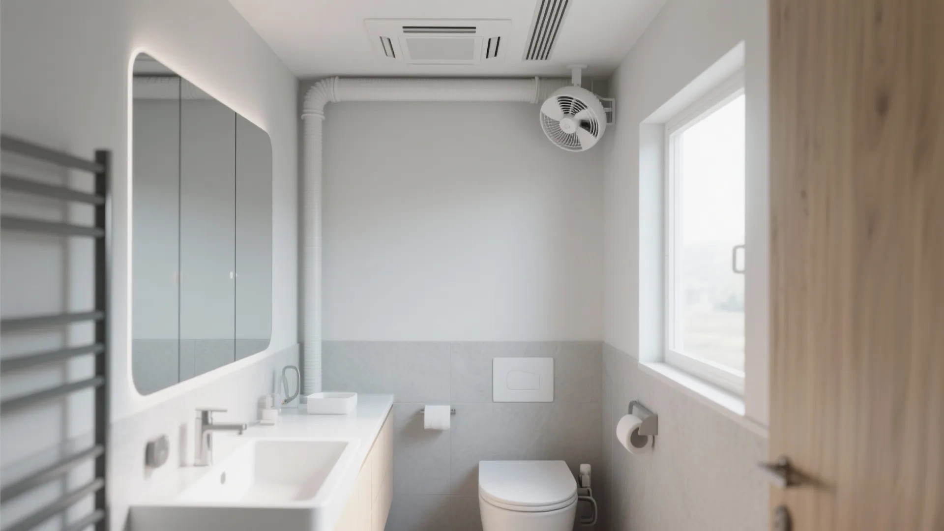 Minimalist white bathroom with wall light, mirror, sink, toilet, window, and small white ceiling fan