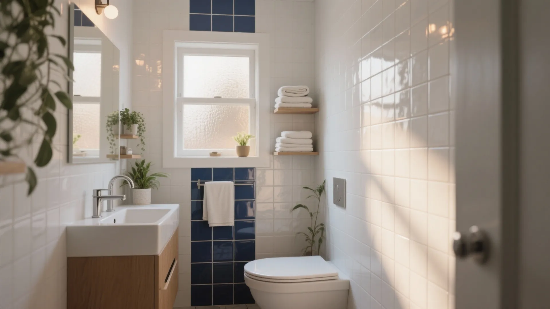 Small white bathroom with blue tiles featuring a wooden cabinet sink toilet window and green plants