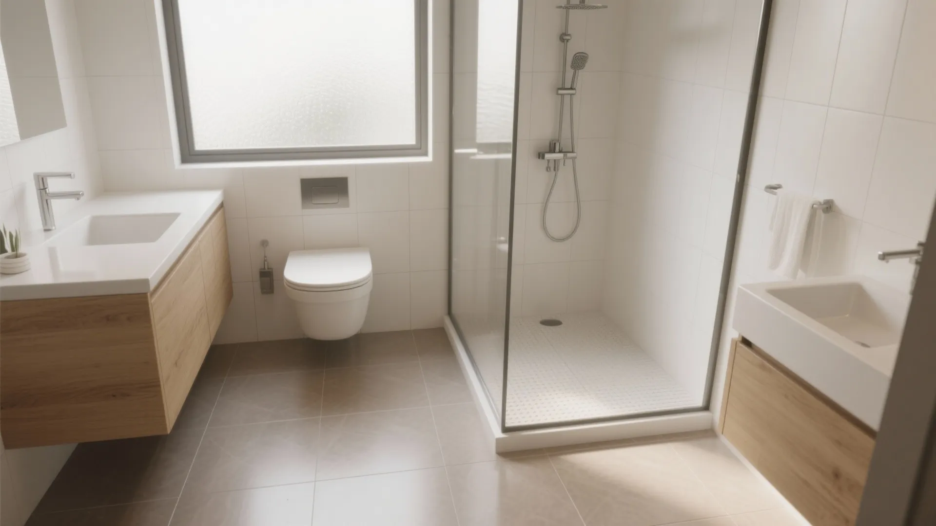 Modern bathroom with white wall tiles wooden cabinets a glass shower area and white toilet seat