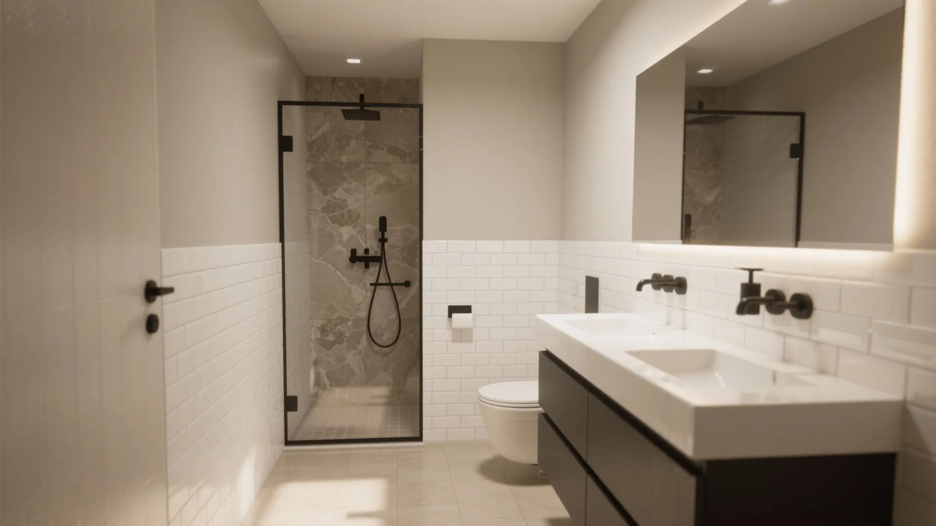 Modern bathroom interior design drawing with walk in shower white wall tiles and double sink cabinet