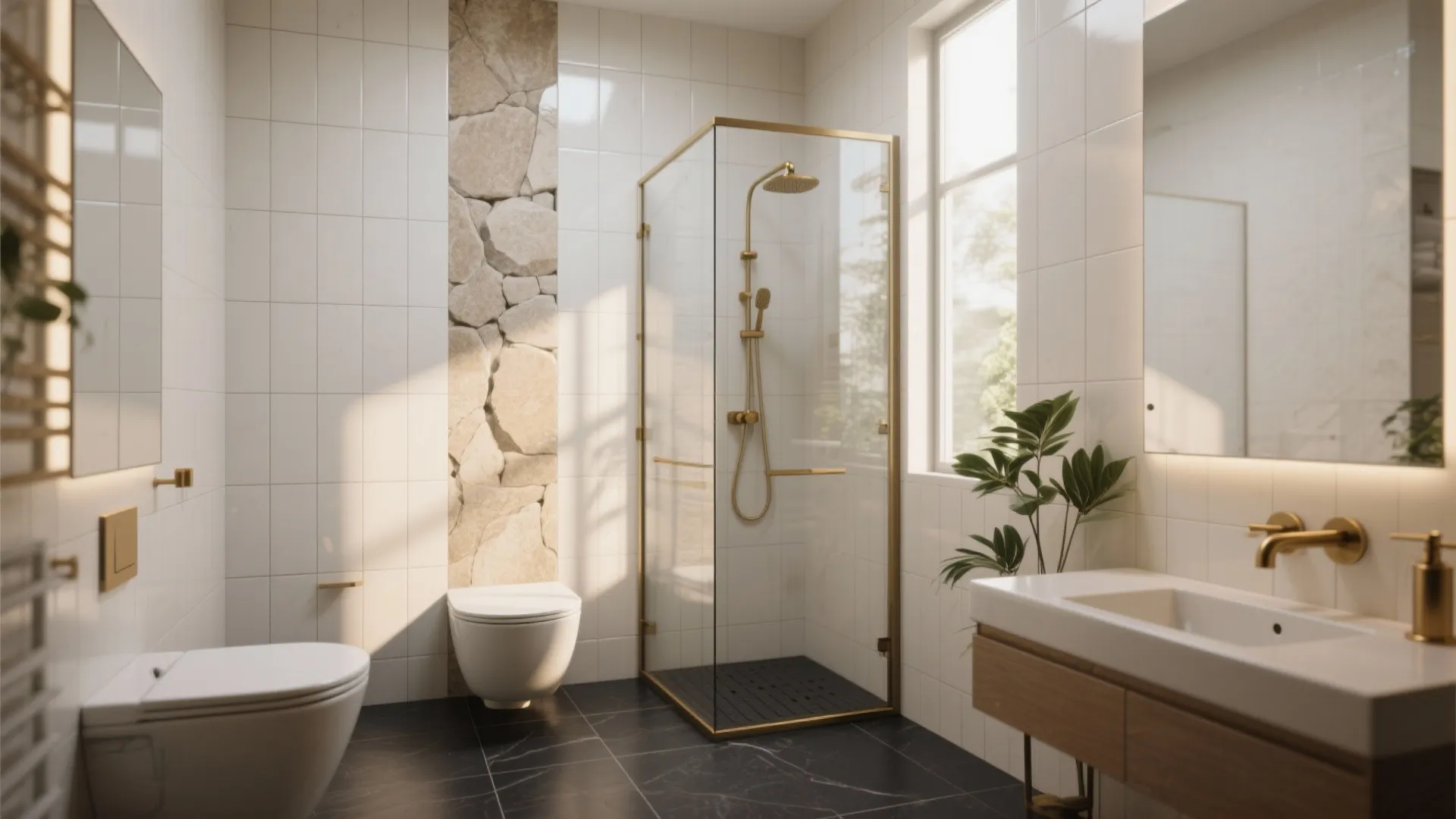 Modern bathroom with white wall tiles stone accent glass shower toilet wooden sink and gold hardware