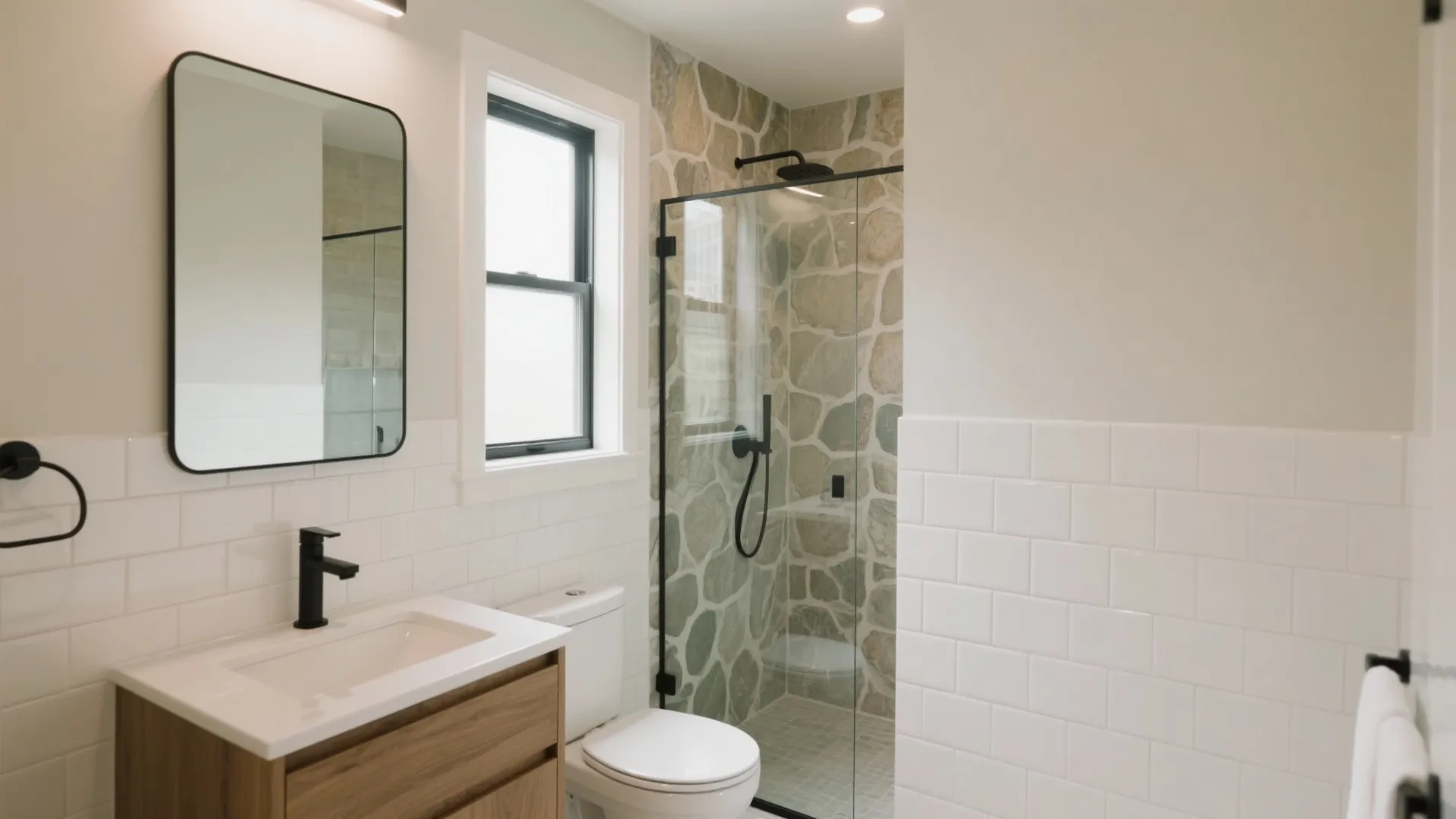 Modern bathroom with stone shower wall white brick tiles a wooden vanity and black mirror