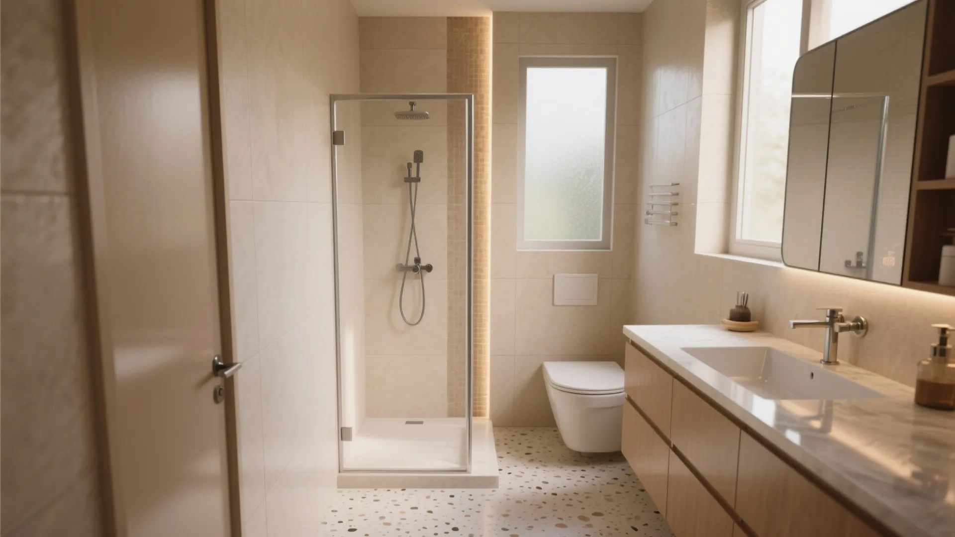 Small bathroom design with glass shower door wood cabinet marble sink mirror and speckled floor tiles