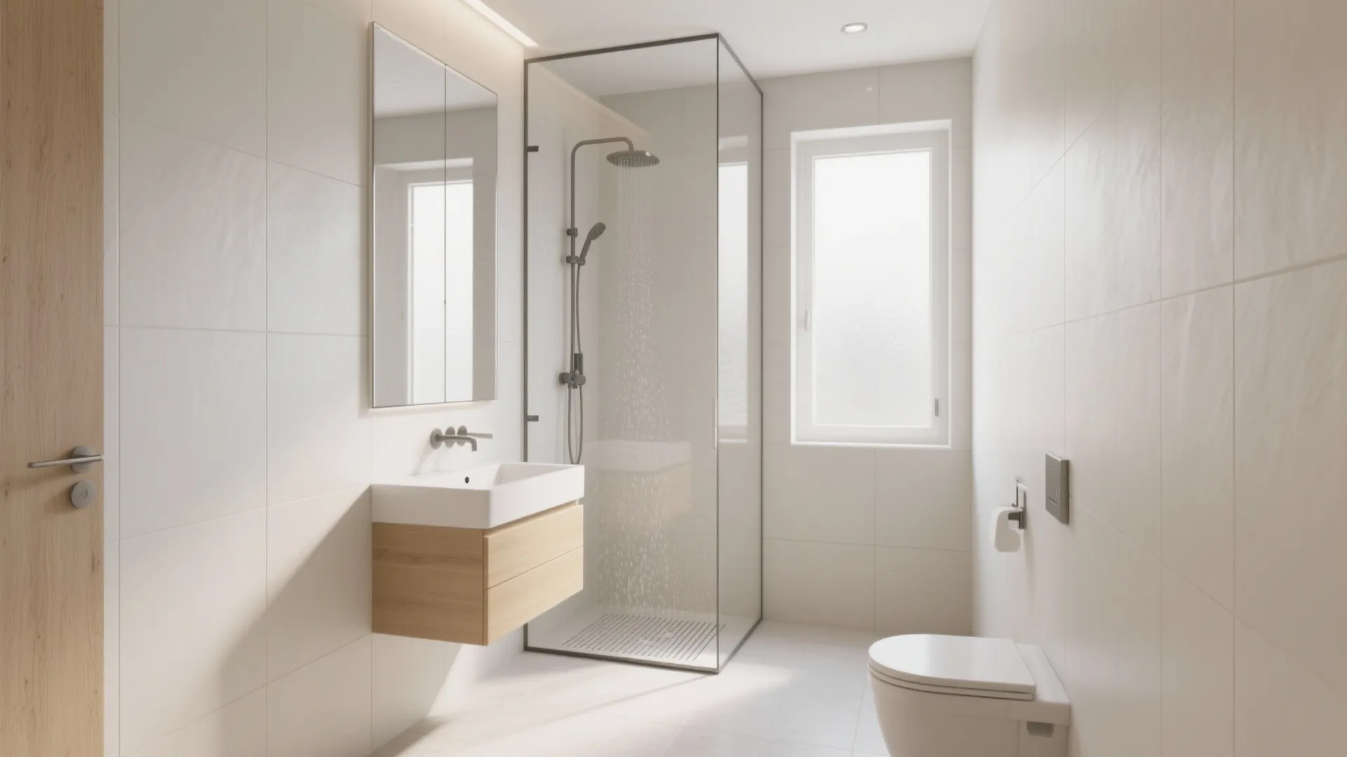 Modern white bathroom featuring glass shower cabin wooden vanity sink mirror toilet and bright light