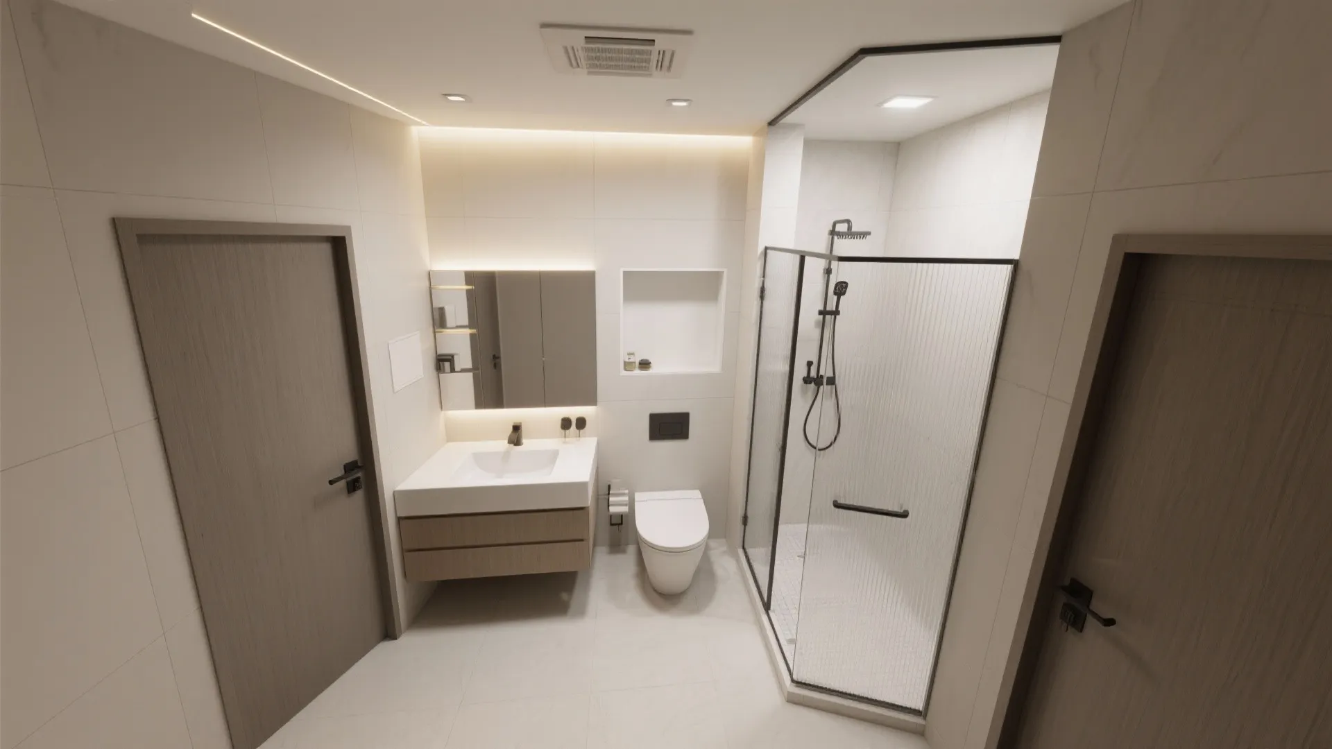 Modern bathroom interior design drawing with glass shower cabinet sink toilet and two wood doors