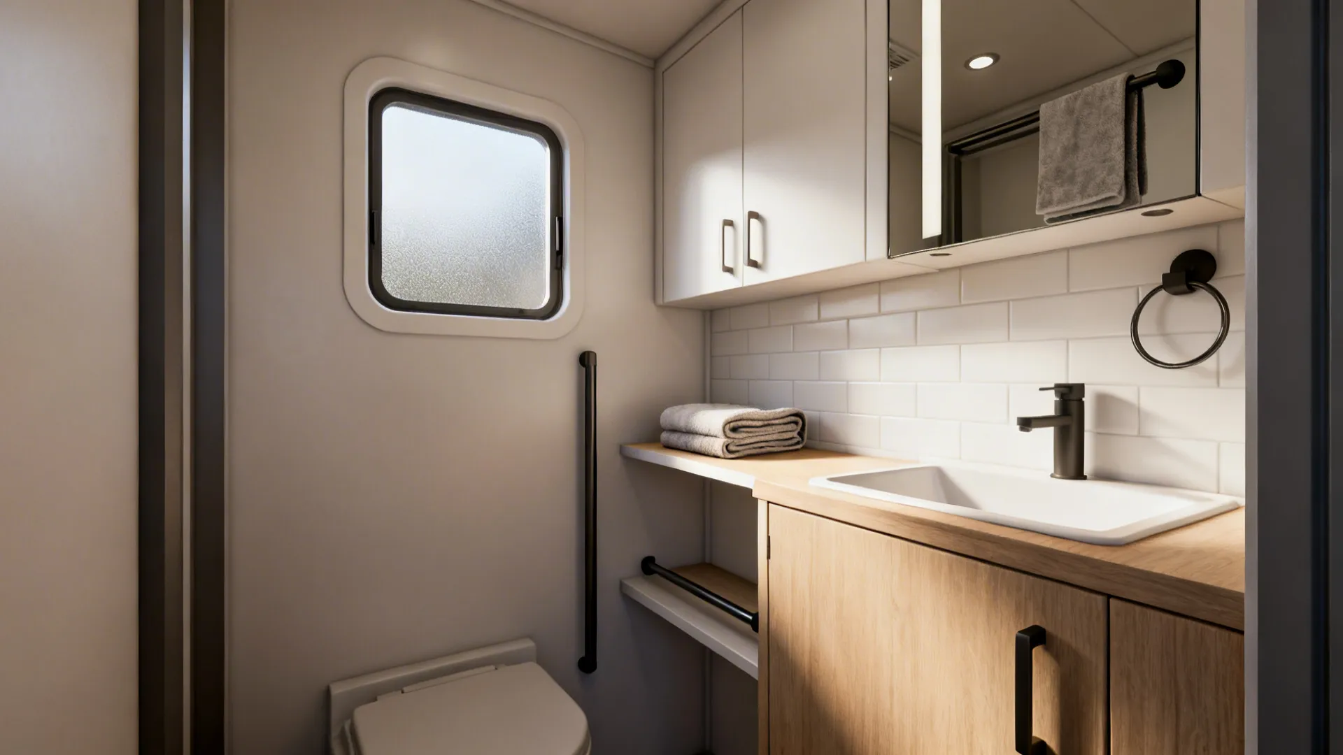 Small modern bathroom with wooden cabinet white sink wall tiles window mirror and folded towels