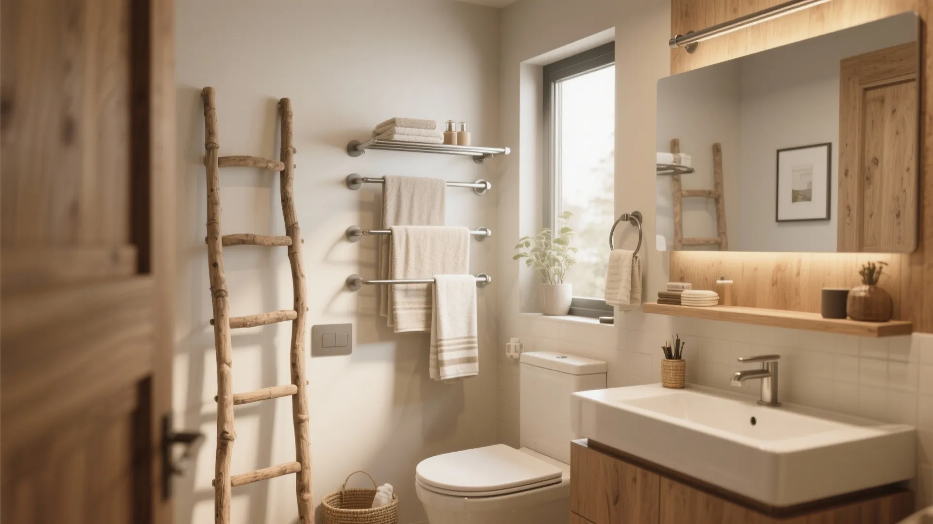 Modern warm bathroom with wood vanity mirror white sink toilet towels on wall and decorative ladder