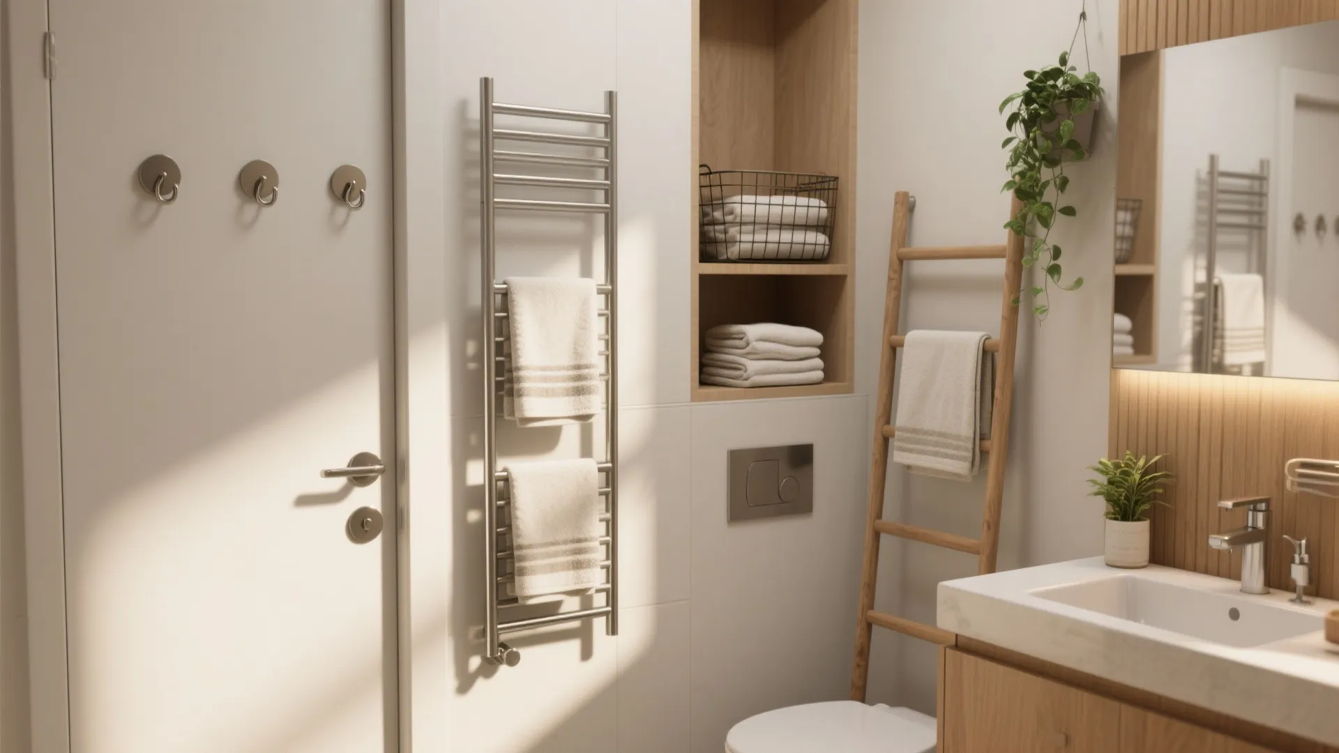 Modern bathroom with white walls featuring a towel heater wooden ladder shelf and small green plants