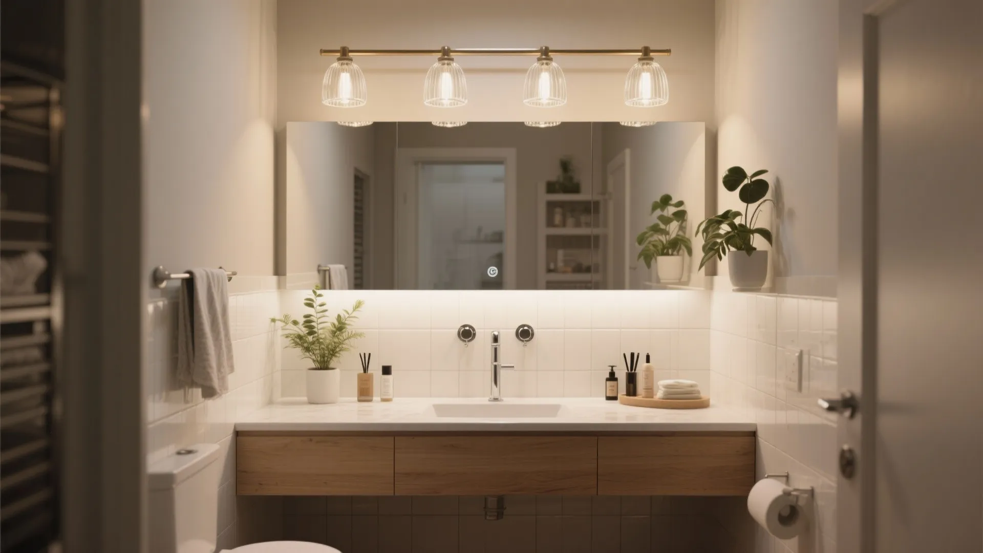 Modern bathroom with wooden cabinet white sink large mirror warm ceiling lights and green plants