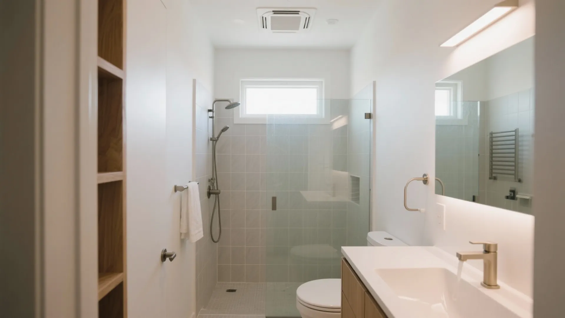 Modern white bathroom with glass shower wood vanity toilet and square white ceiling fan vent unit