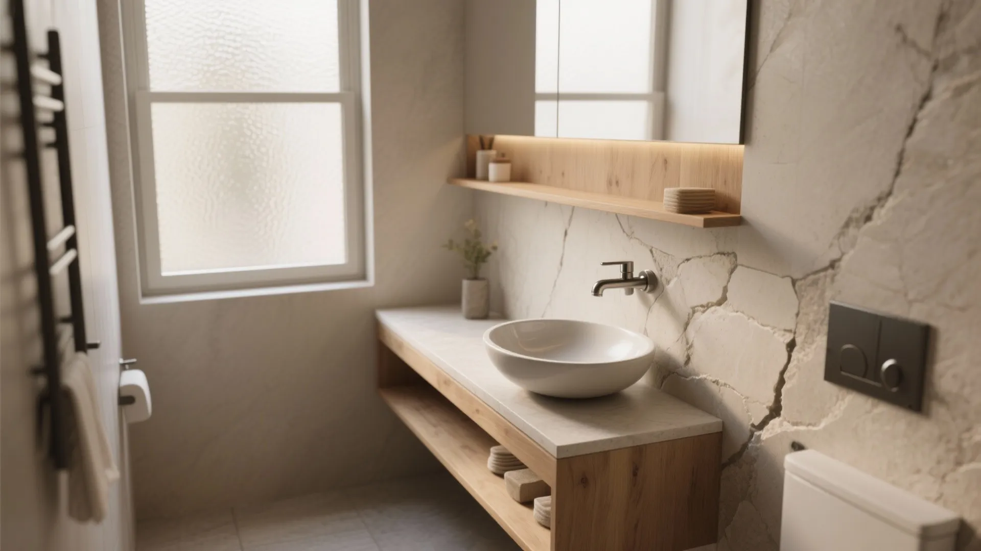 Minimalist bathroom featuring a white bowl sink on a wooden cabinet against a textured wall