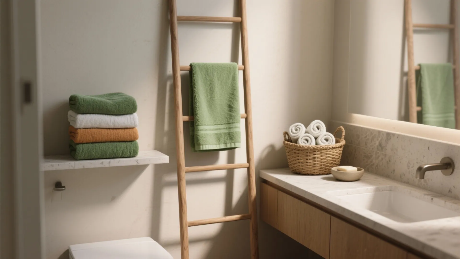 Bathroom interior with a wooden ladder towel rack marble counter sink and stacked colored towels