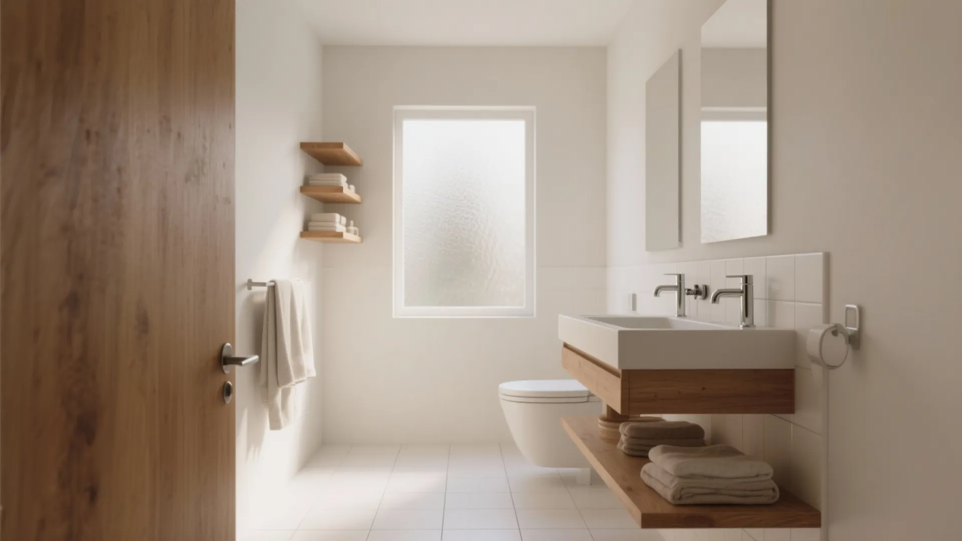 Bright minimalist bathroom with white floor tiles wooden sink shelf window and white wall tiles