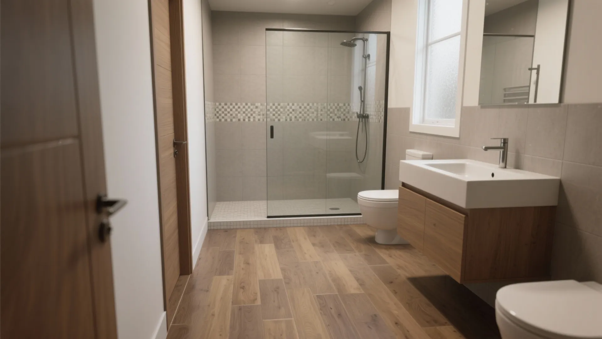 Modern bathroom interior design drawing with glass shower door wooden cabinet toilet and wood floor