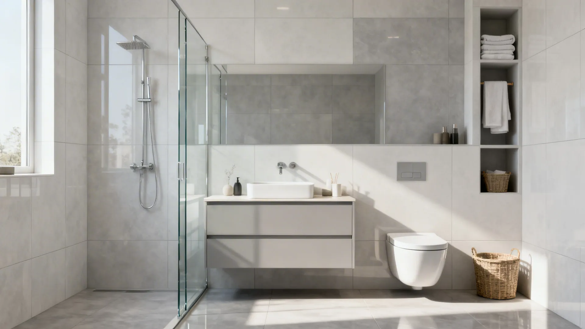 Compact bathroom with a full-height niche, wall-hung toilet, and floating vanity.