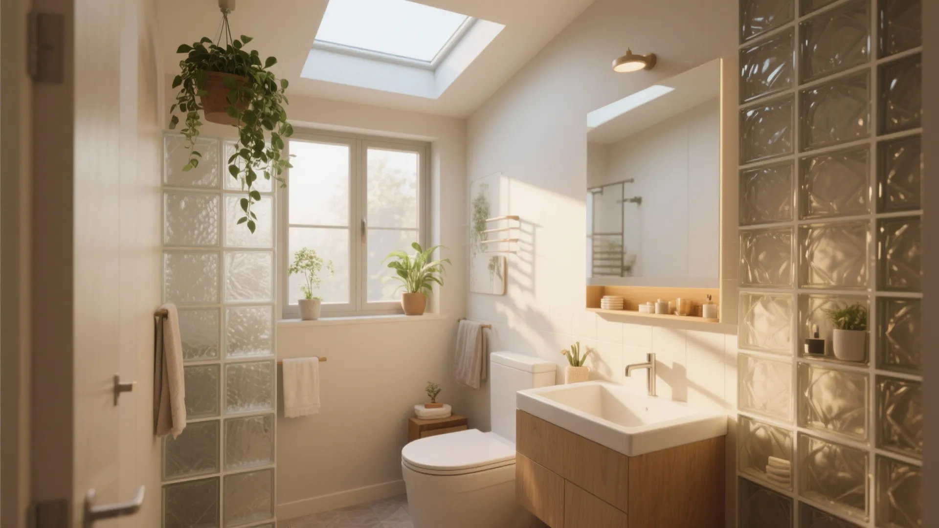 Small modern bathroom featuring a roof window glass brick wall wood cabinet and white toilet