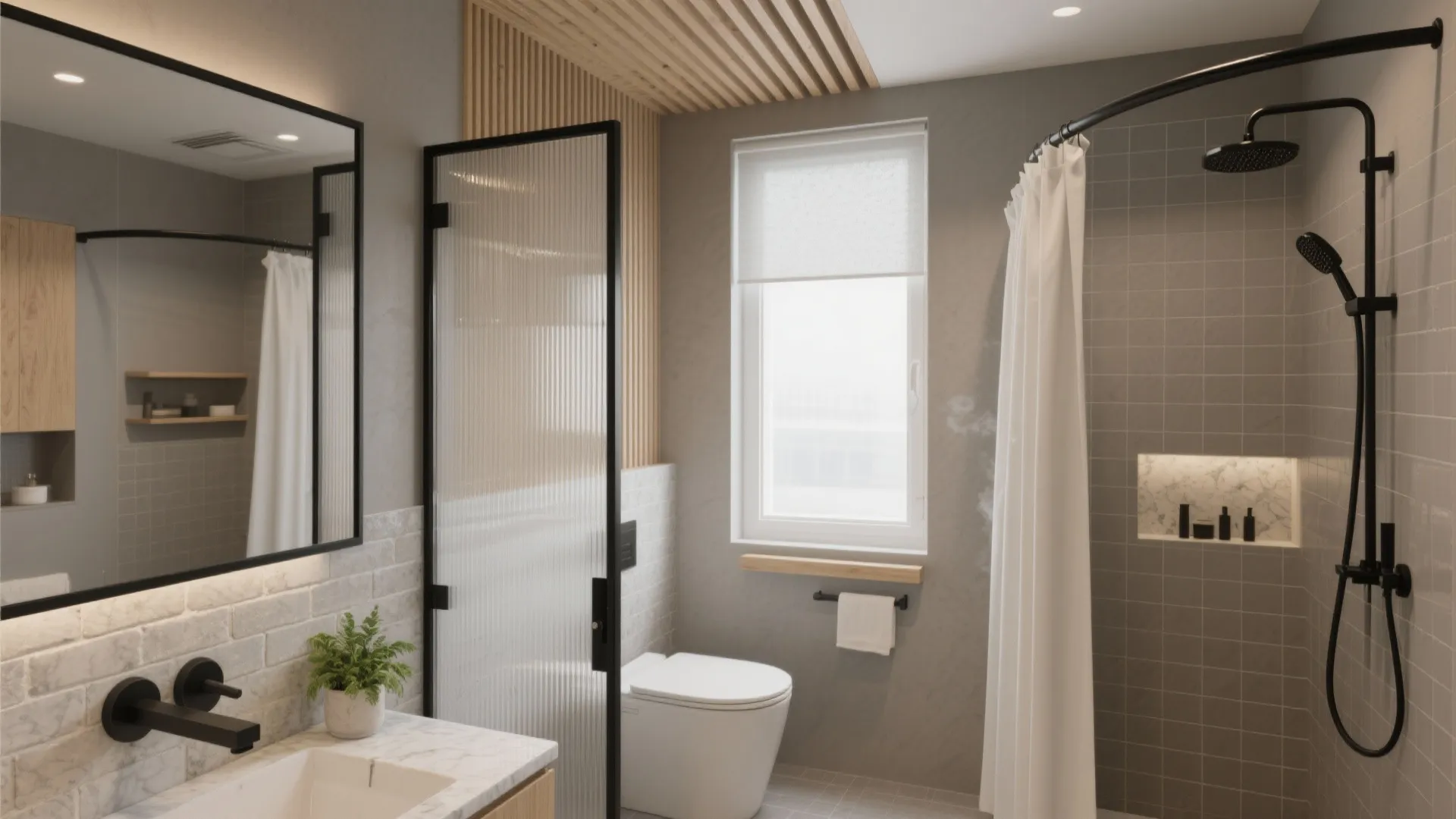 Modern grey bathroom design with walk in shower white curtain toilet sink and large mirror