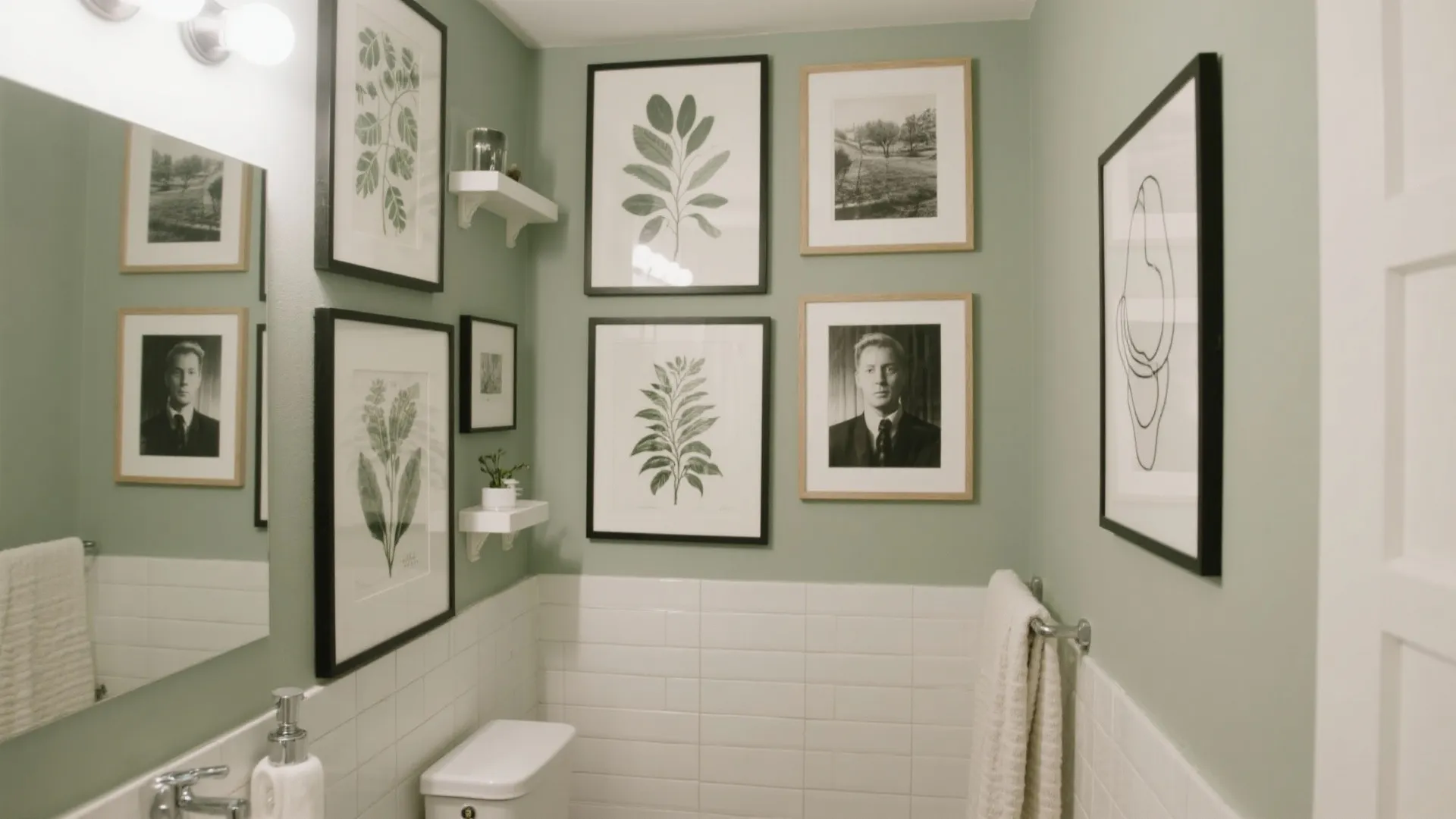 Sage green bathroom walls decorated with gallery of framed leaf prints and white subway tile