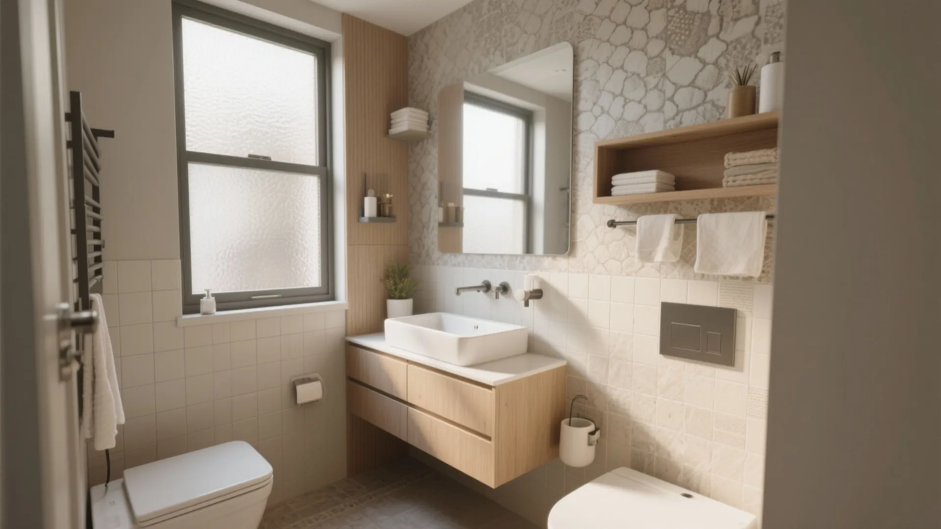 Small bathroom design featuring wooden cabinet with white sink, square mirror, toilet, and beige tiles