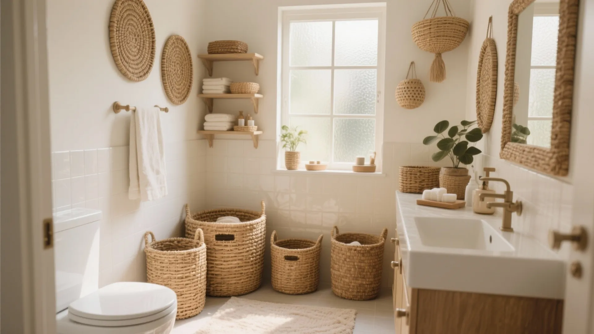 Bright bathroom with woven storage baskets on floor and wall featuring white sink and toilet