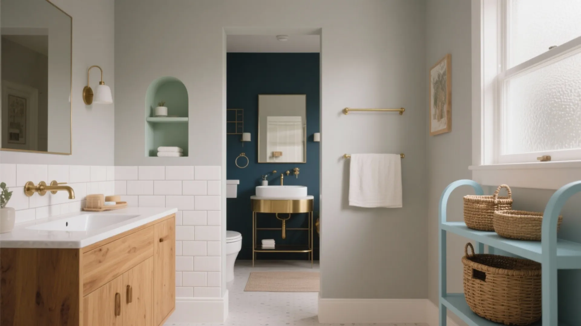 Modern bathroom with wood cabinet white wall tiles gold light fixture and dark blue wall