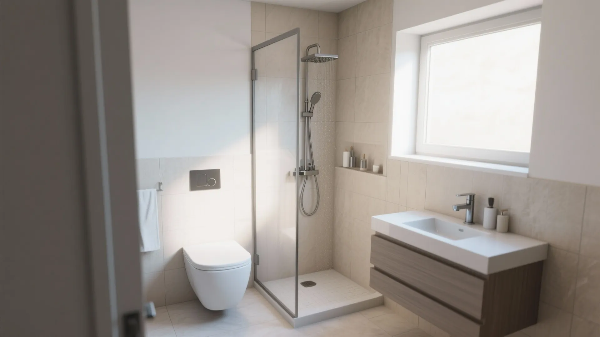 Modern small bathroom with glass shower door white toilet wooden cabinet and bright window light