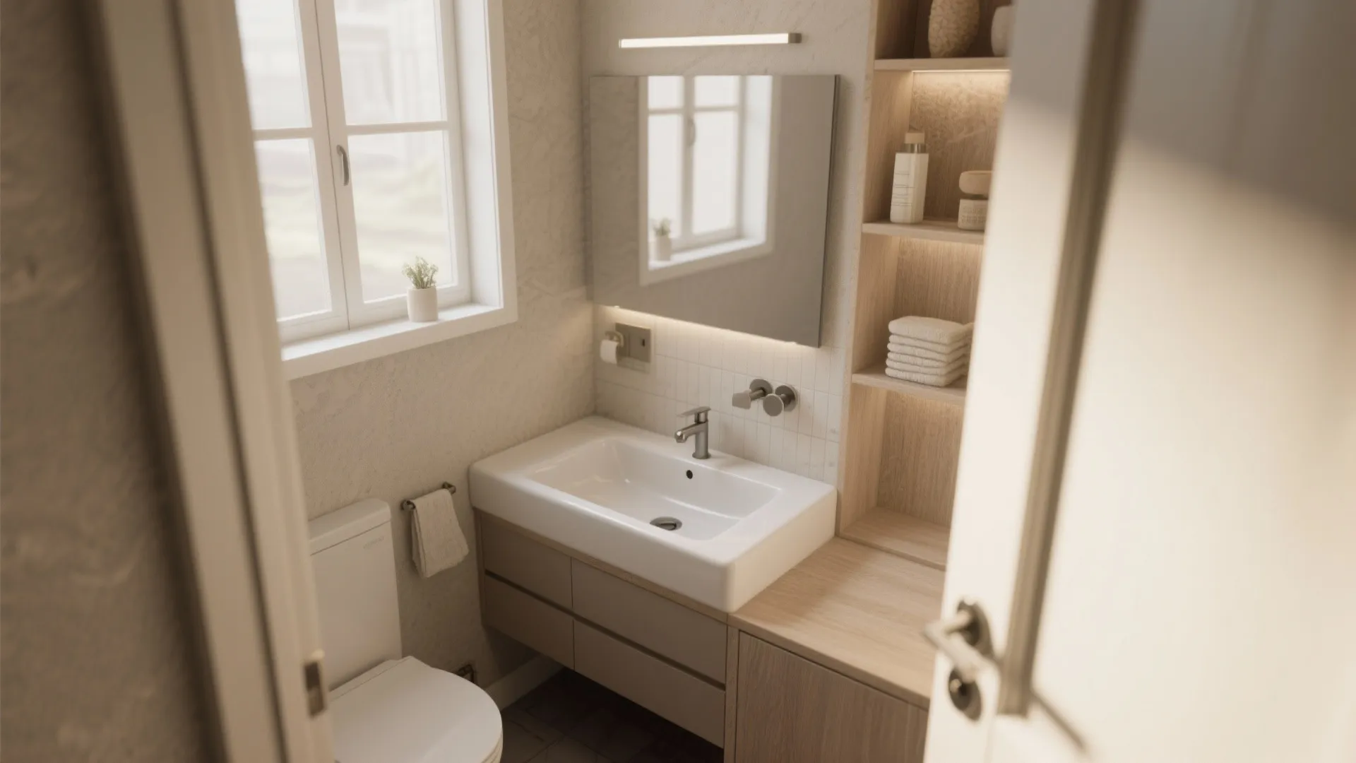 Modern small bathroom interior featuring white sink with wooden cabinet window mirror and toilet seat