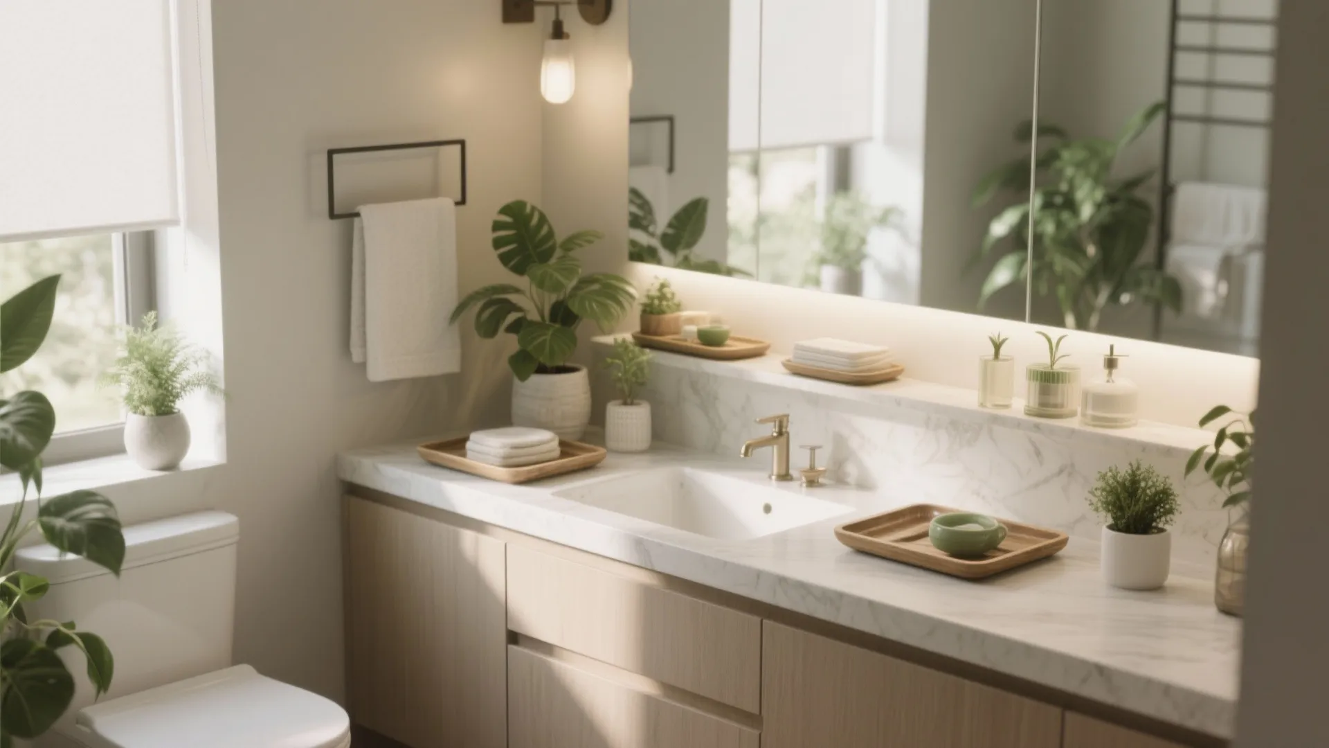 Modern bright bathroom with marble countertop wooden cabinets white sink green plants and large mirror