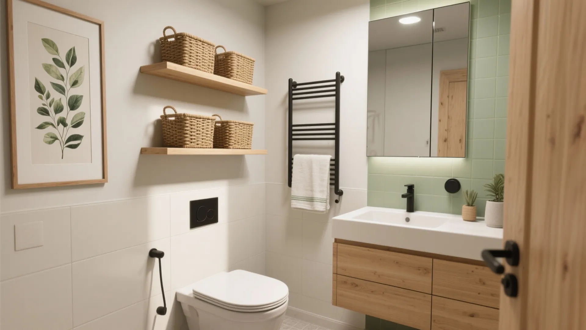 Modern small bathroom with white toilet wooden cabinet green wall tiles mirrors and hanging storage baskets