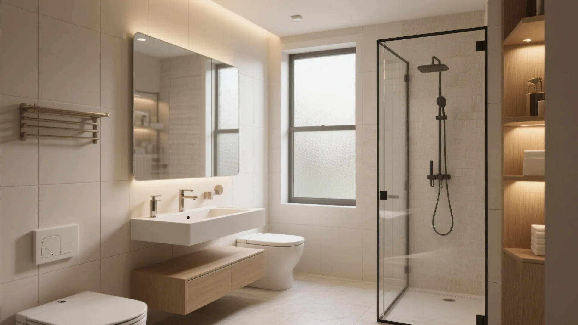 Bright bathroom interior with white sink wooden cabinet glass shower door window and wall mirror