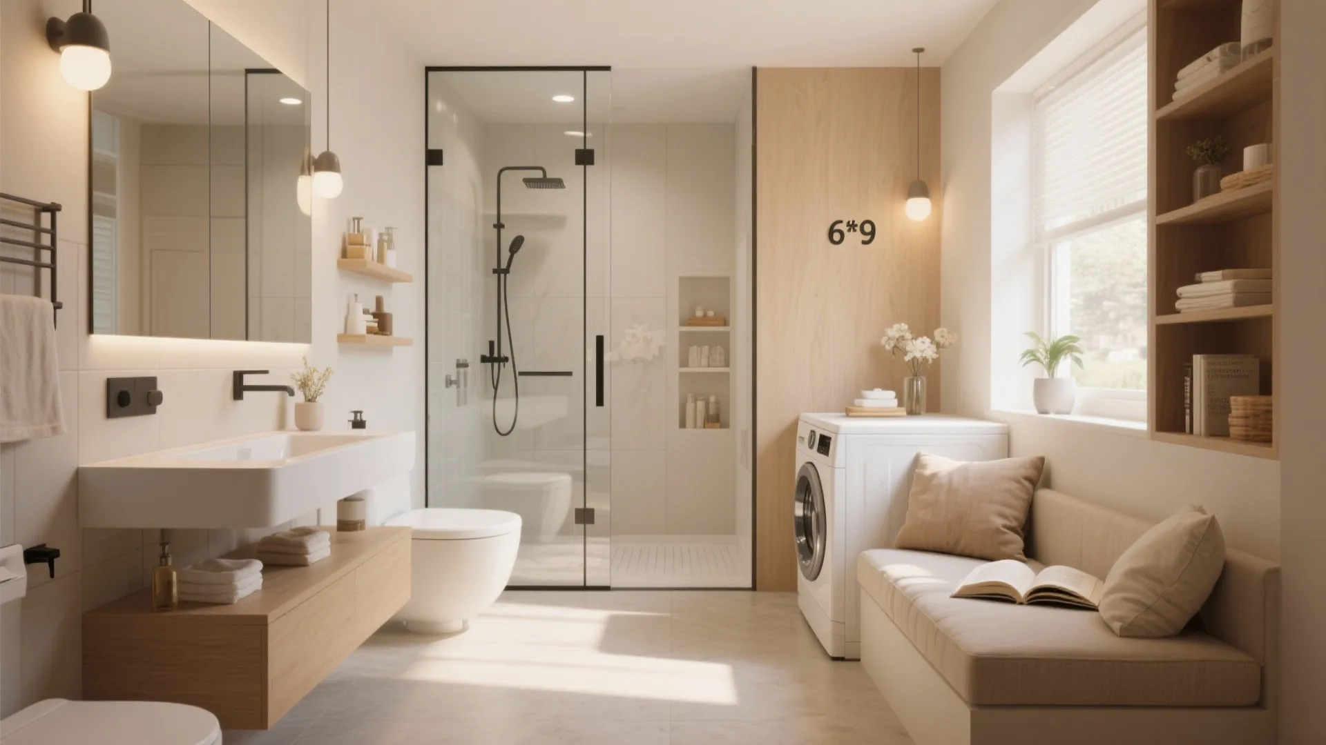 Modern bathroom with glass shower door white washing machine wooden shelves and a small sofa