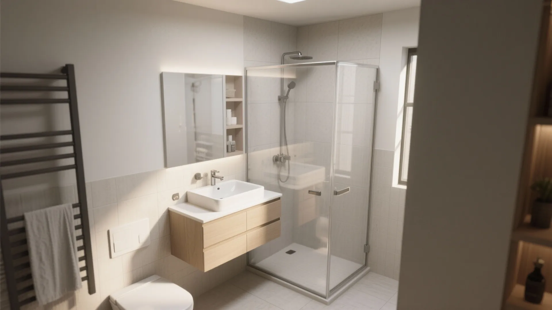 Modern small bathroom design with wood cabinet white sink glass shower and black towel rack